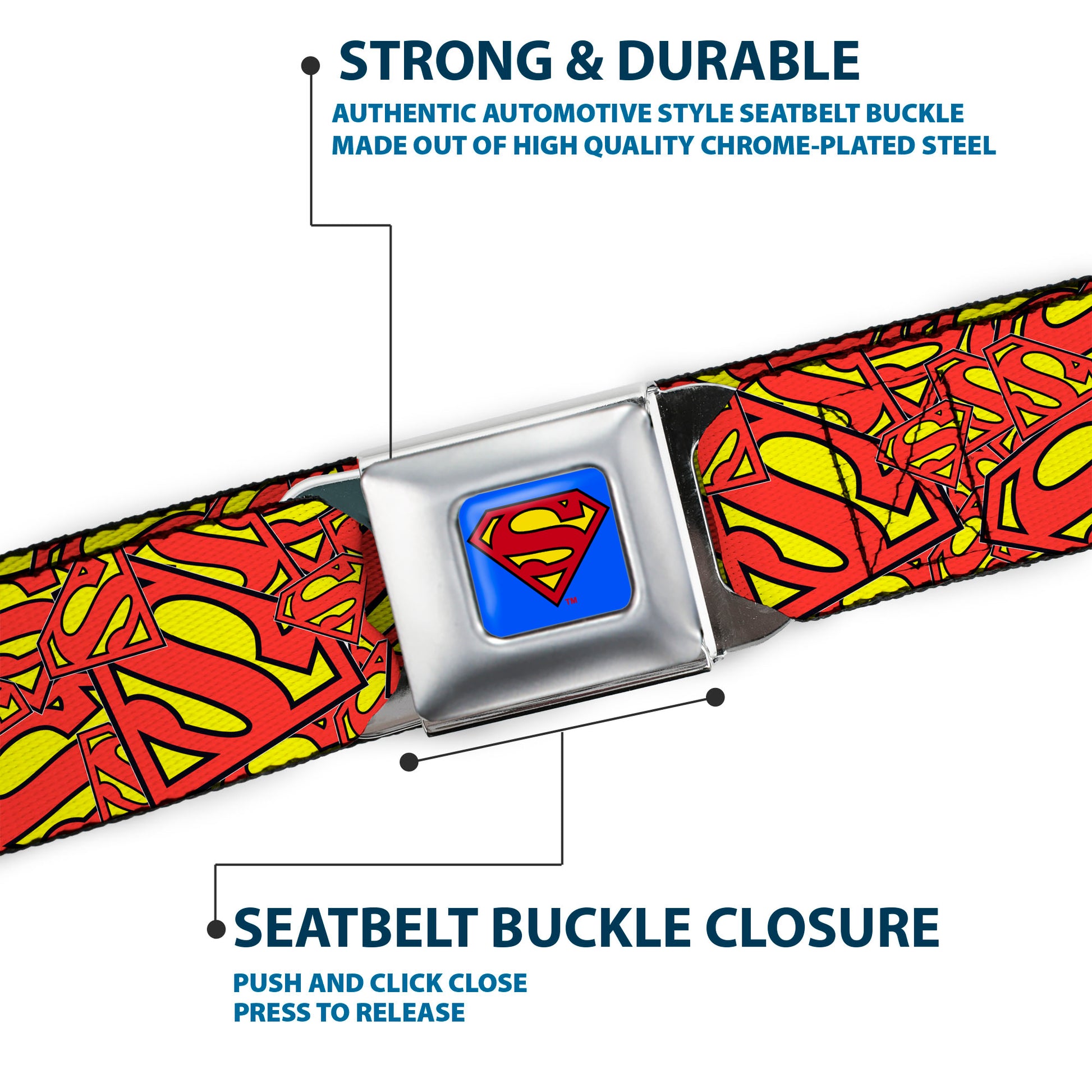 Superman Full Color Blue Seatbelt Belt - Super Shield Stacked Yellow/Red Webbing Seatbelt Belts DC Comics