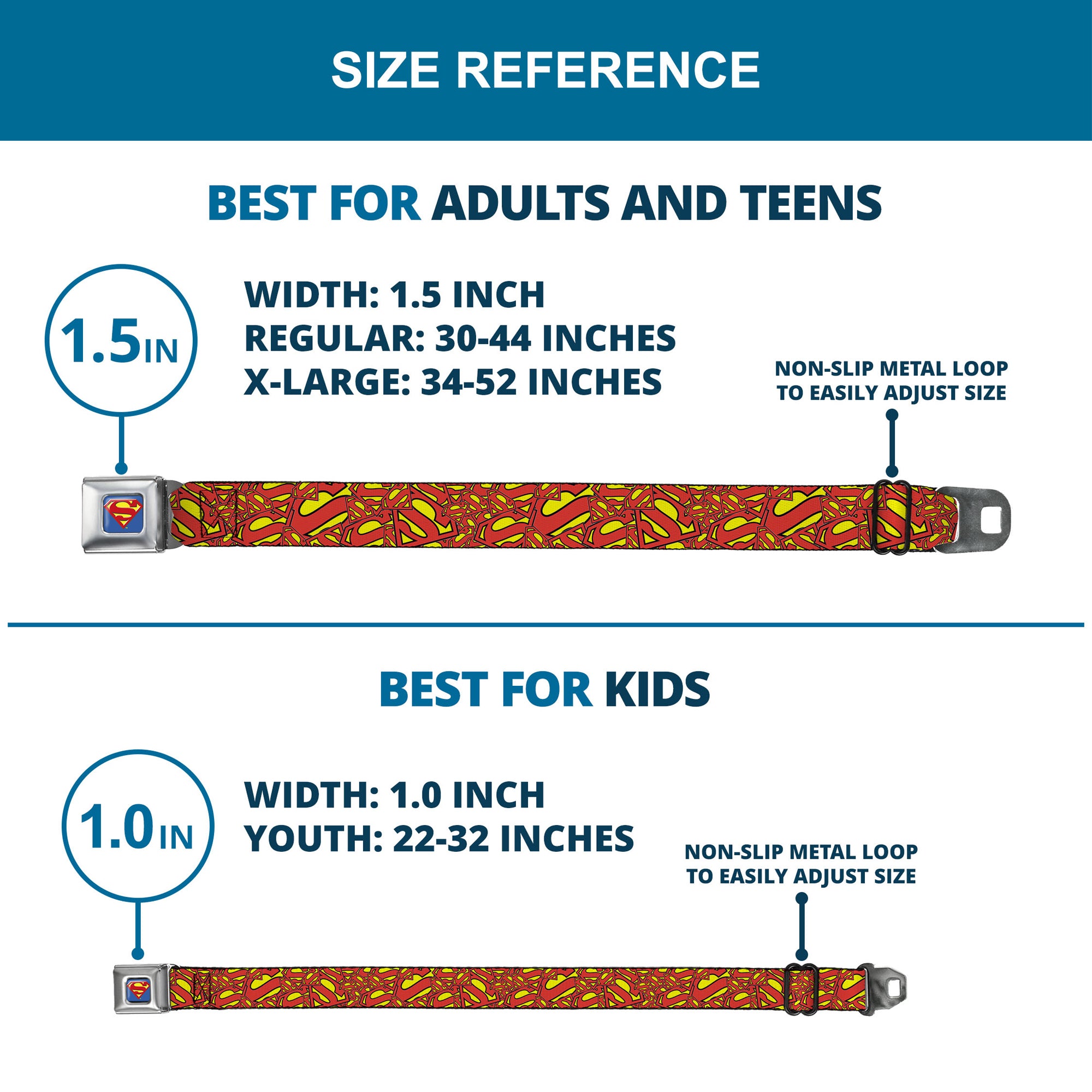 Superman Full Color Blue Seatbelt Belt - Super Shield Stacked Yellow/Red Webbing Seatbelt Belts DC Comics