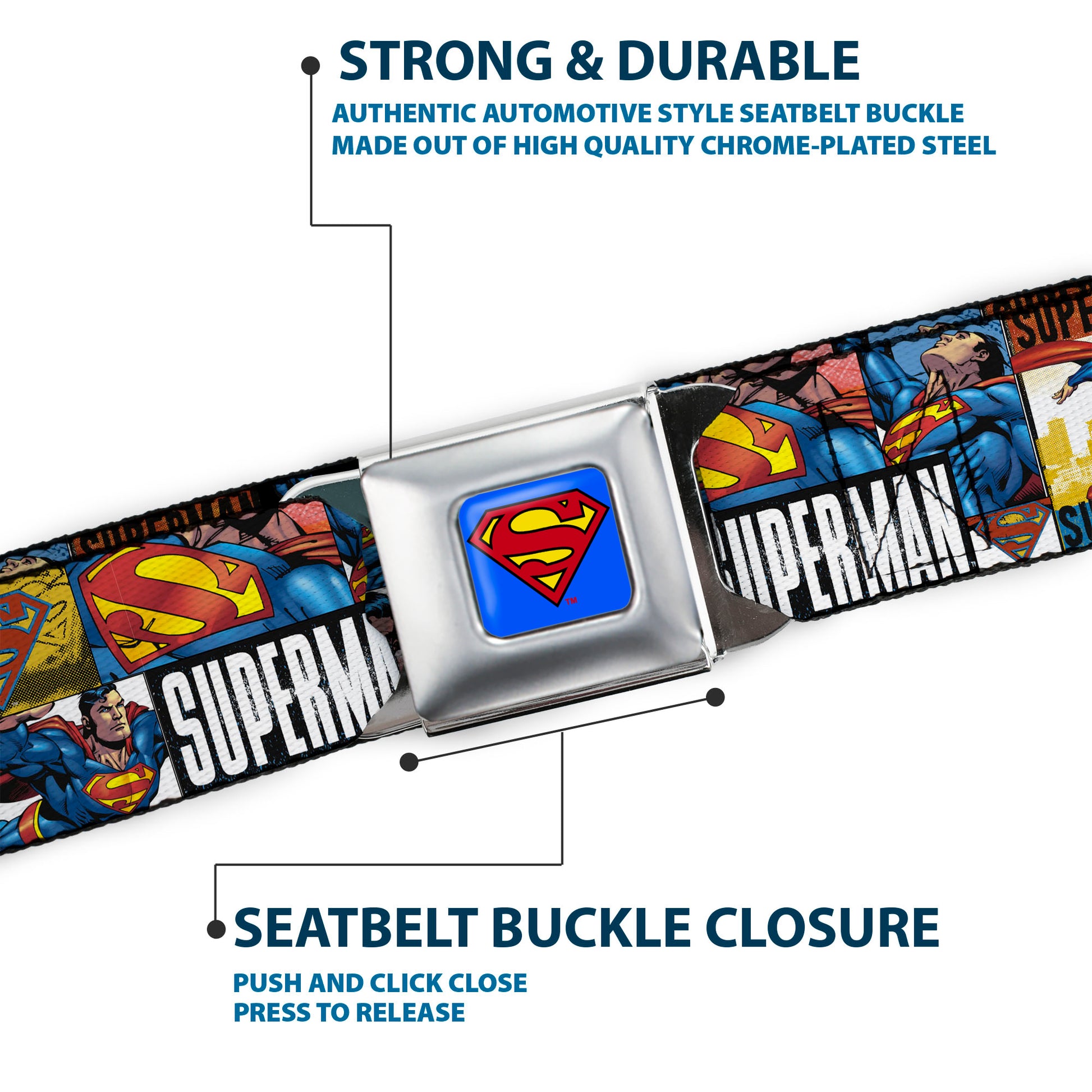 Superman Full Color Blue Seatbelt Belt - SUPERMAN Action Blocks White Webbing Seatbelt Belts DC Comics
