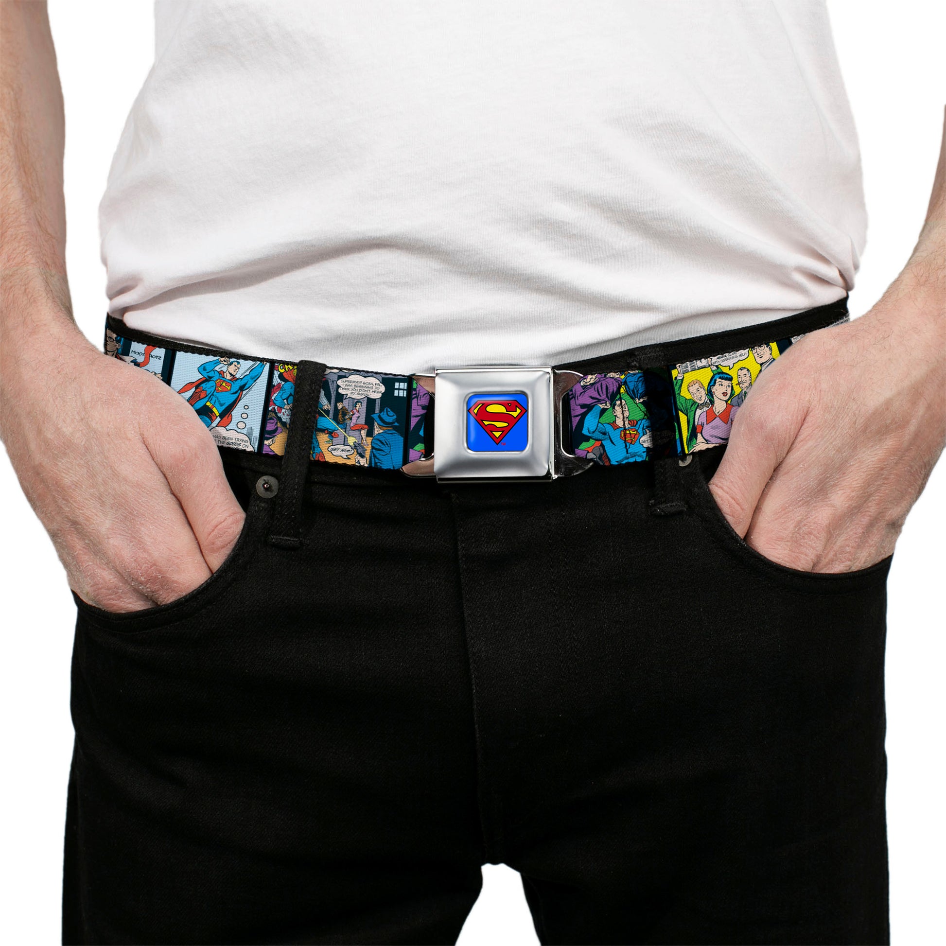 Superman Full Color Blue Seatbelt Belt - Superman Comic Panels Webbing Seatbelt Belts DC Comics