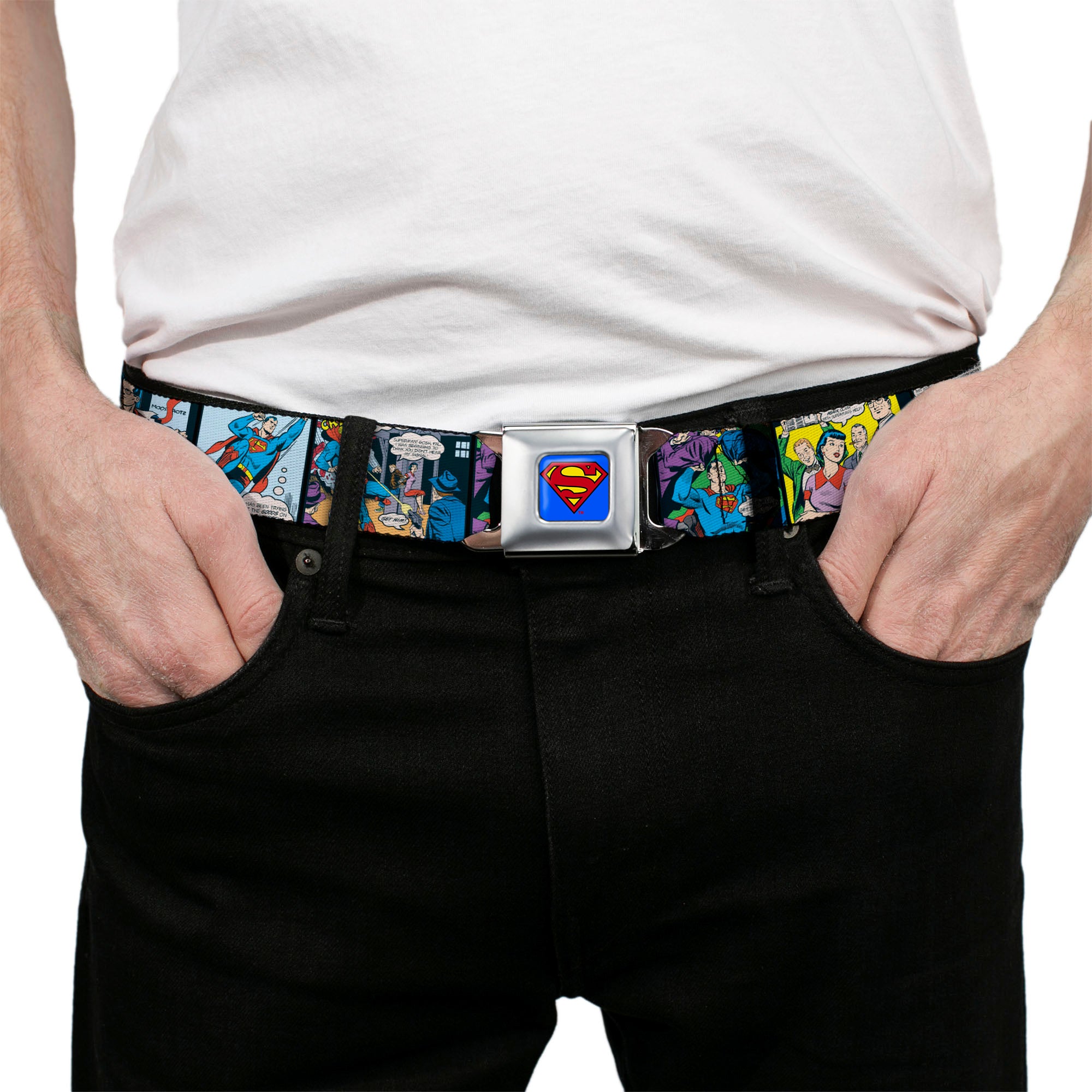 Superman Full Color Blue Seatbelt Belt - Superman Comic Panels Webbing Seatbelt Belts DC Comics