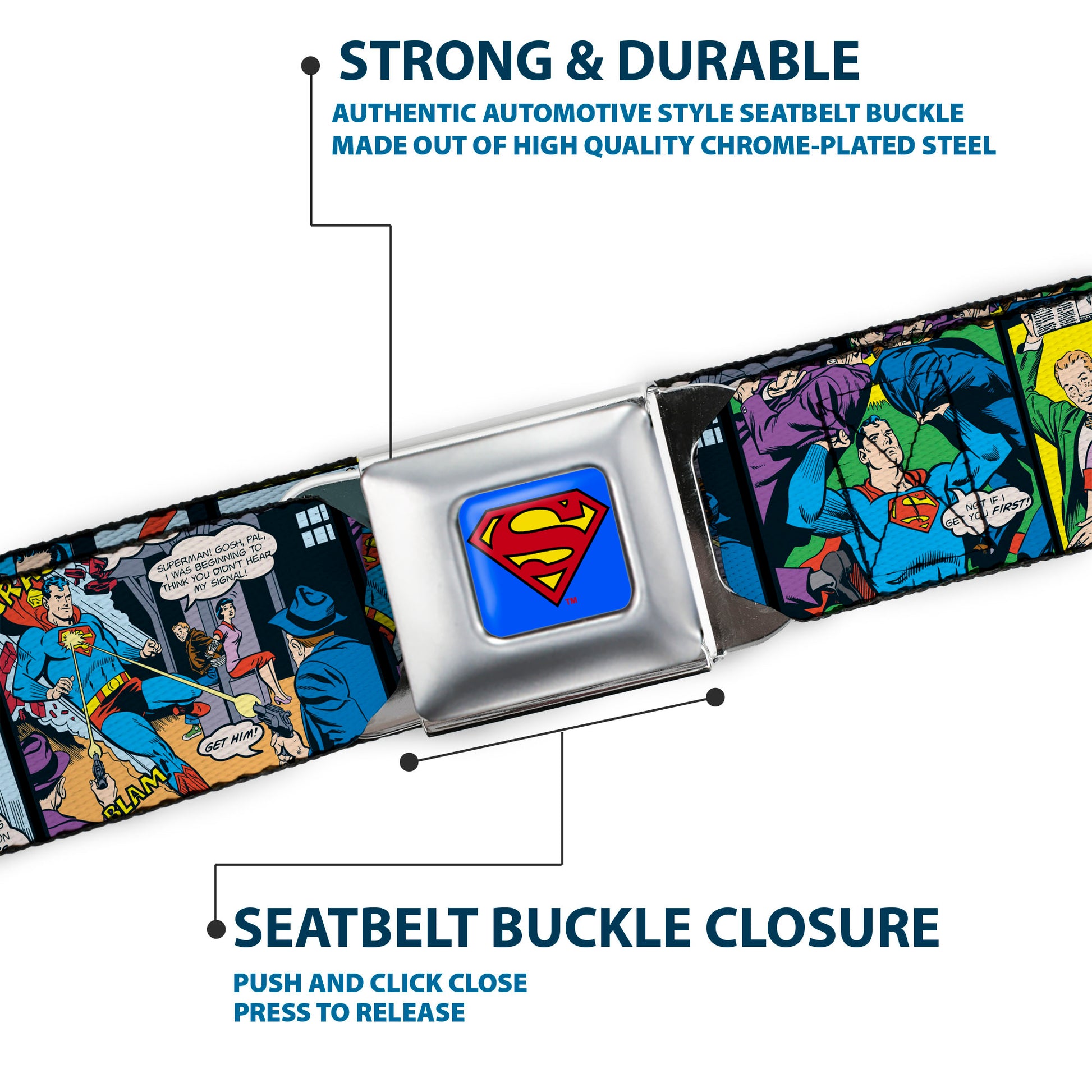 Superman Full Color Blue Seatbelt Belt - Superman Comic Panels Webbing Seatbelt Belts DC Comics