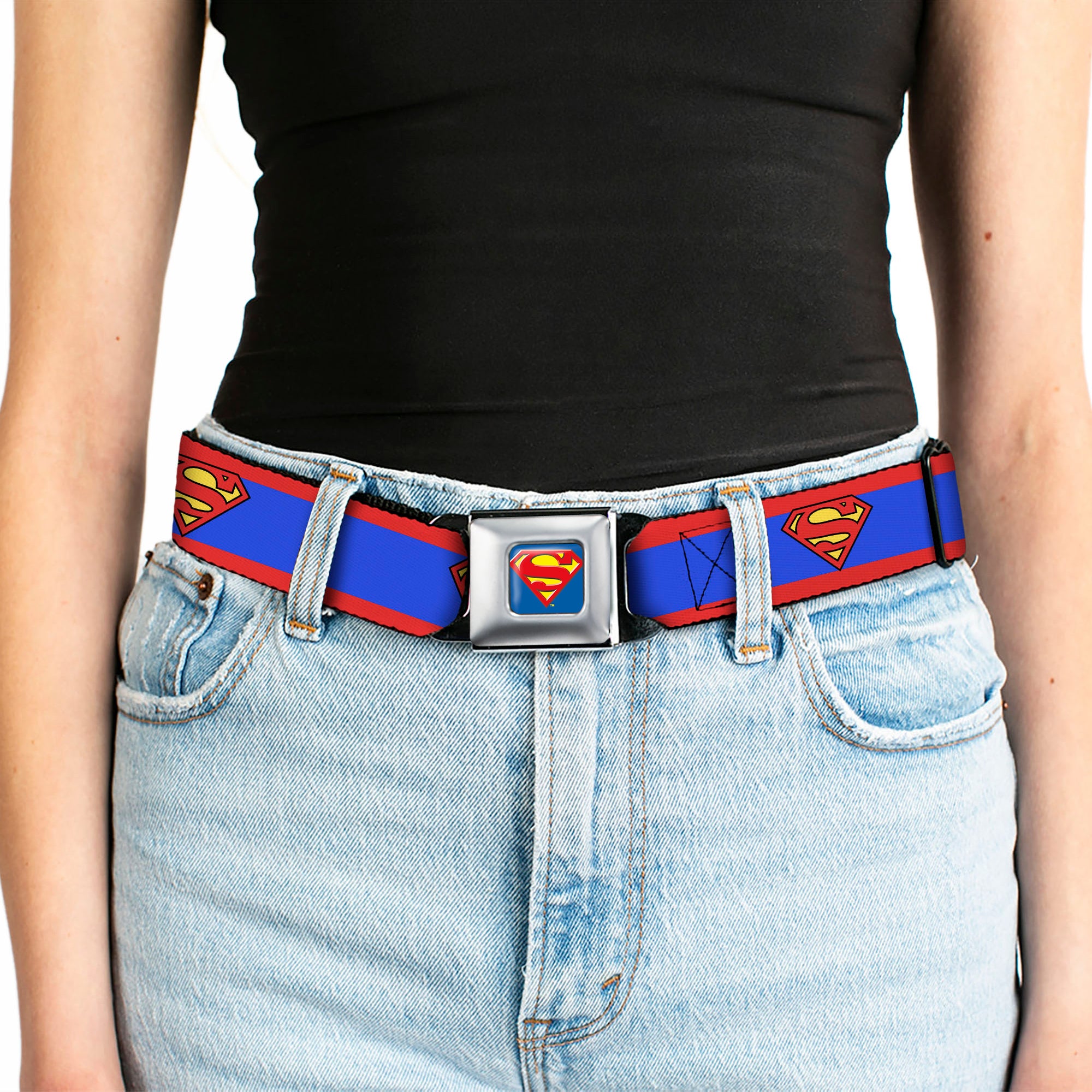 Superman Full Color Blue Seatbelt Belt - Superman Shield/Stripe Red/Blue Webbing Seatbelt Belts DC Comics