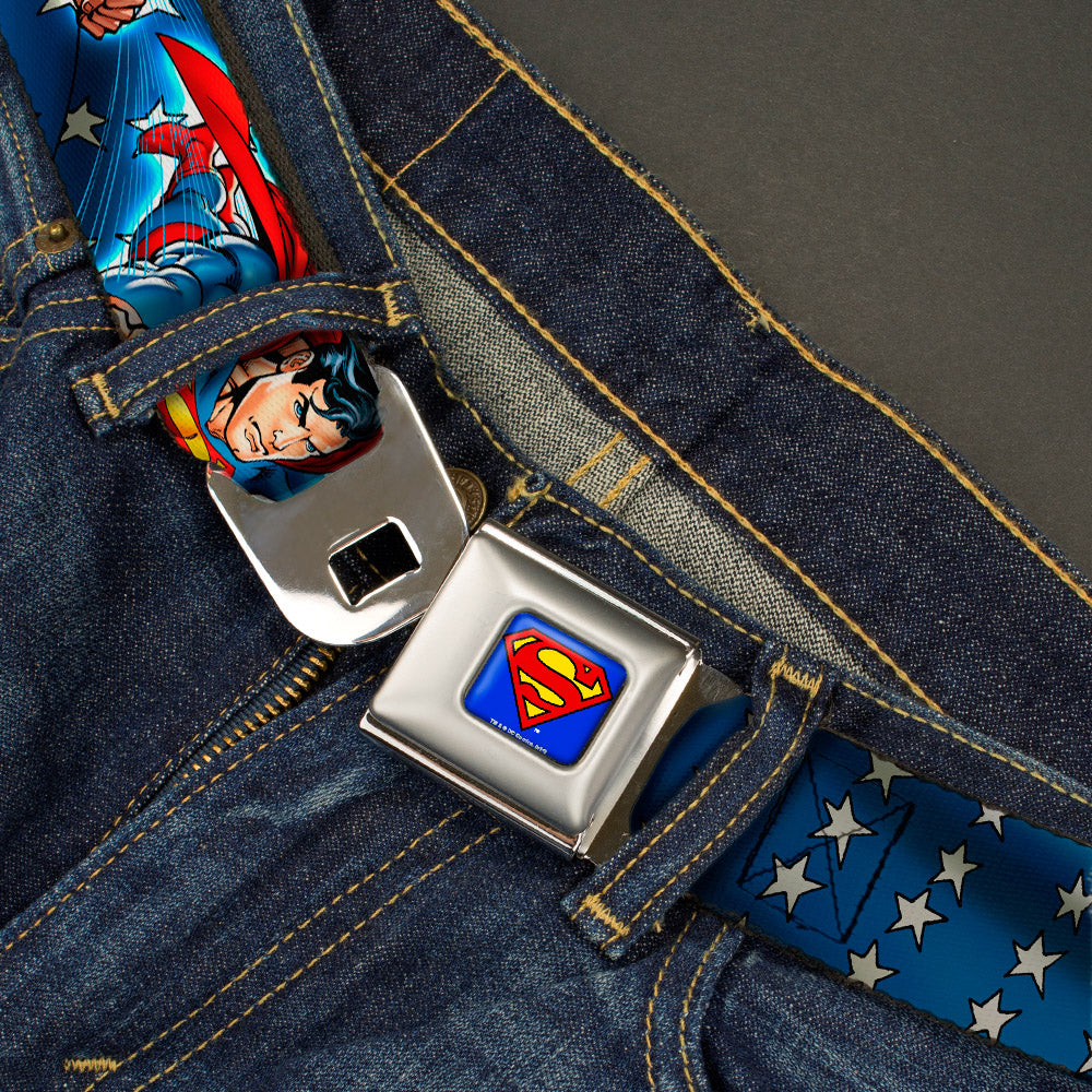 Superman Full Color Blue Seatbelt Belt - Superman Action Poses/Stars & Stripes Webbing Seatbelt Belts DC Comics