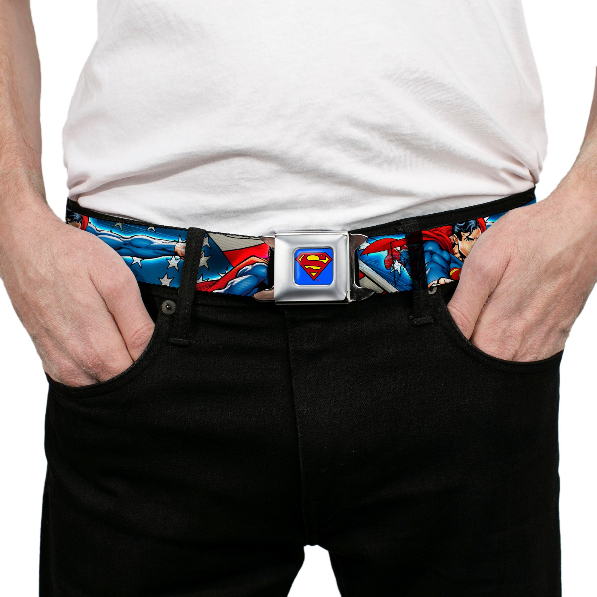 Superman Full Color Blue Seatbelt Belt - Superman Action Poses/Stars & Stripes Webbing Seatbelt Belts DC Comics