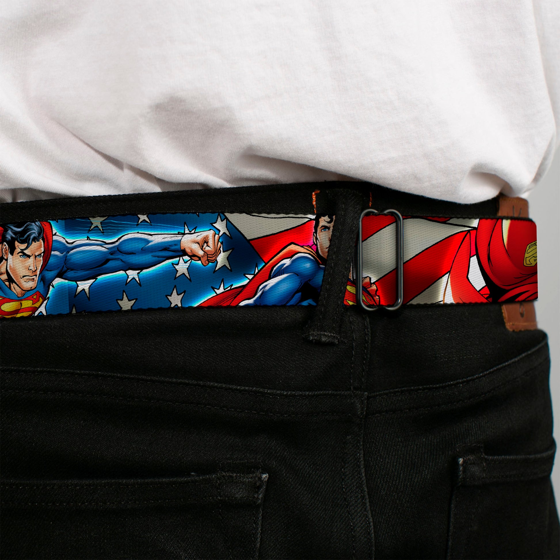 Superman Full Color Blue Seatbelt Belt - Superman Action Poses/Stars & Stripes Webbing Seatbelt Belts DC Comics