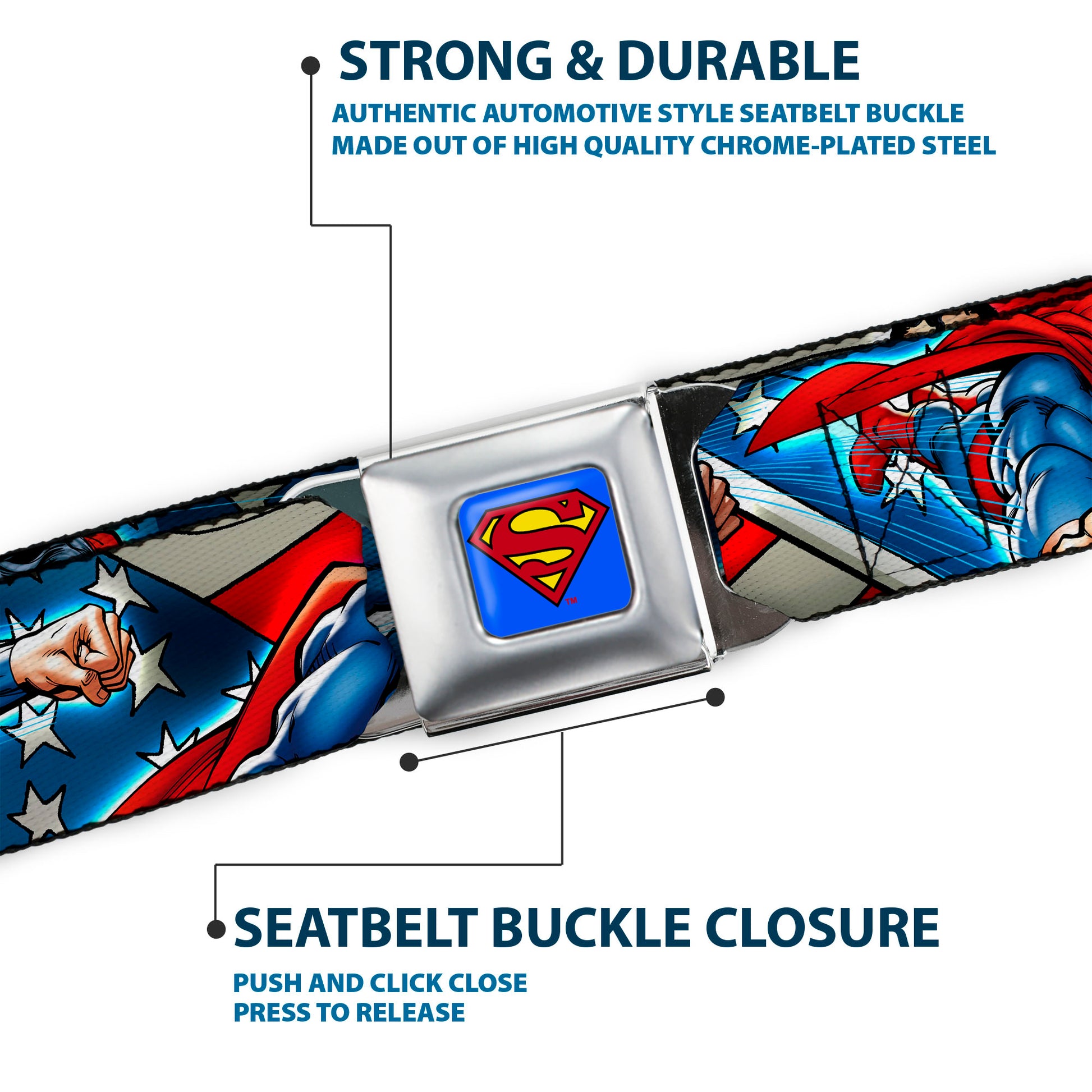 Superman Full Color Blue Seatbelt Belt - Superman Action Poses/Stars & Stripes Webbing Seatbelt Belts DC Comics