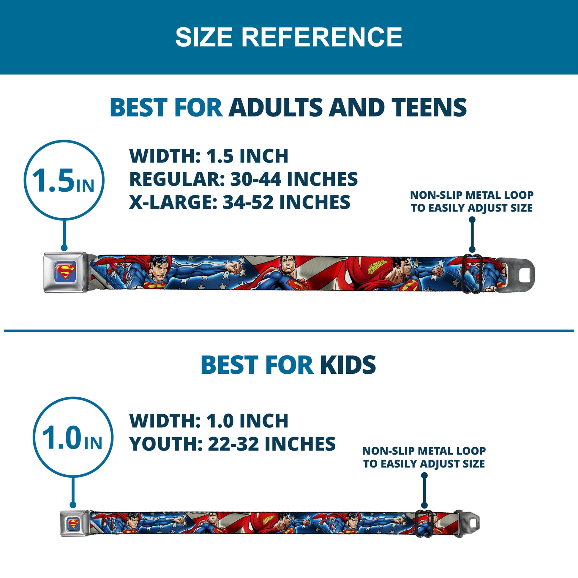 Superman Full Color Blue Seatbelt Belt - Superman Action Poses/Stars & Stripes Webbing Seatbelt Belts DC Comics