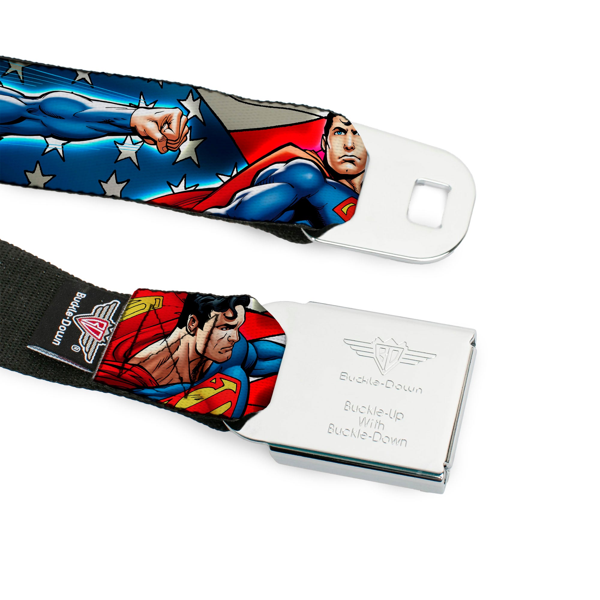 Superman Full Color Blue Seatbelt Belt - Superman Action Poses/Stars & Stripes Webbing Seatbelt Belts DC Comics