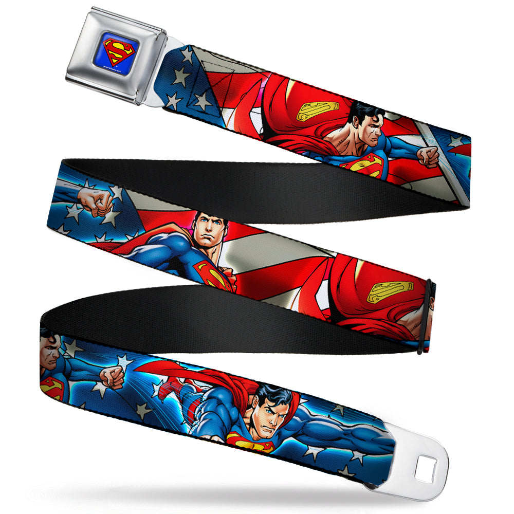 Superman Full Color Blue Seatbelt Belt - Superman Action Poses/Stars & Stripes Webbing Seatbelt Belts DC Comics