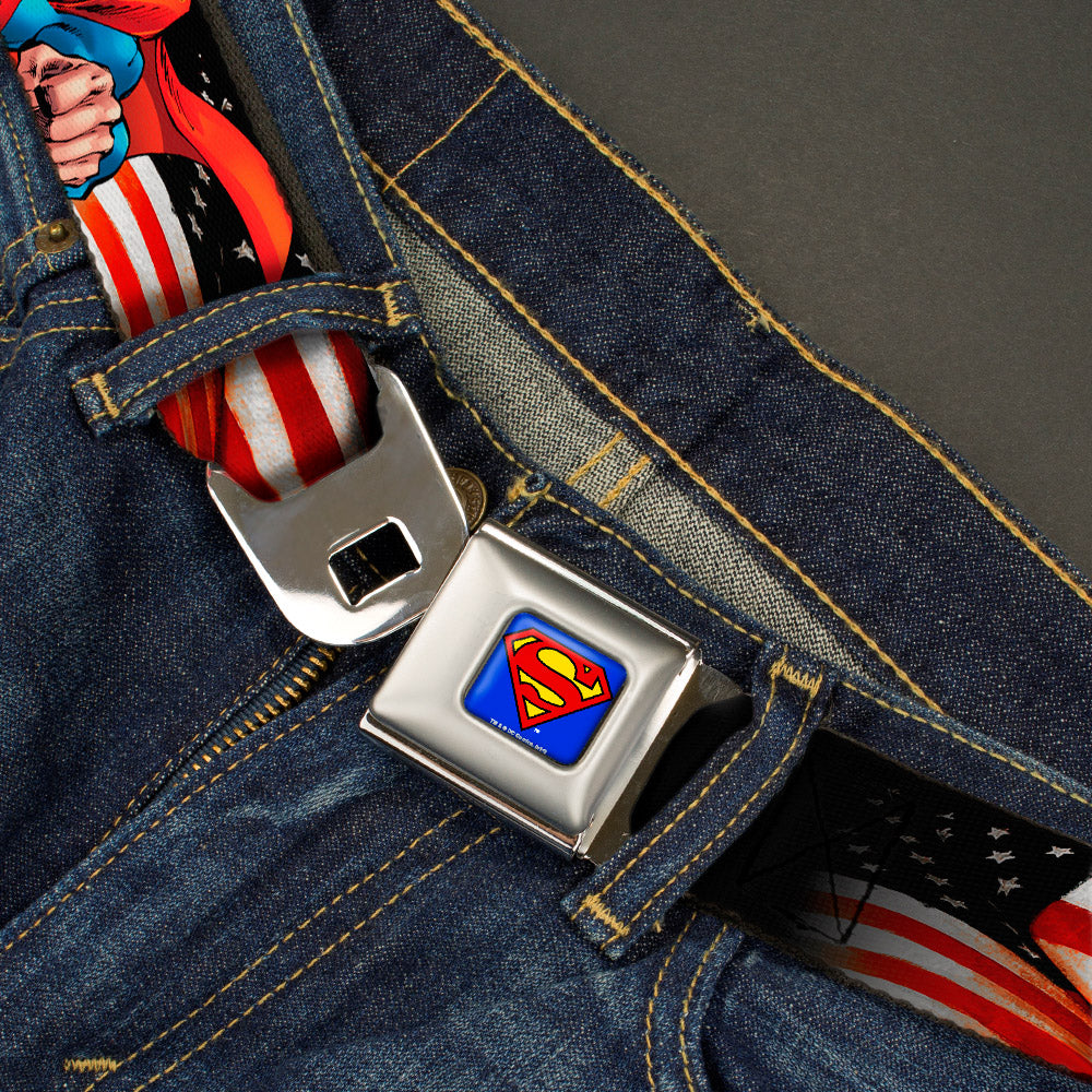 Superman Full Color Blue Seatbelt Belt - Superman Poses/American Flag Webbing Seatbelt Belts DC Comics