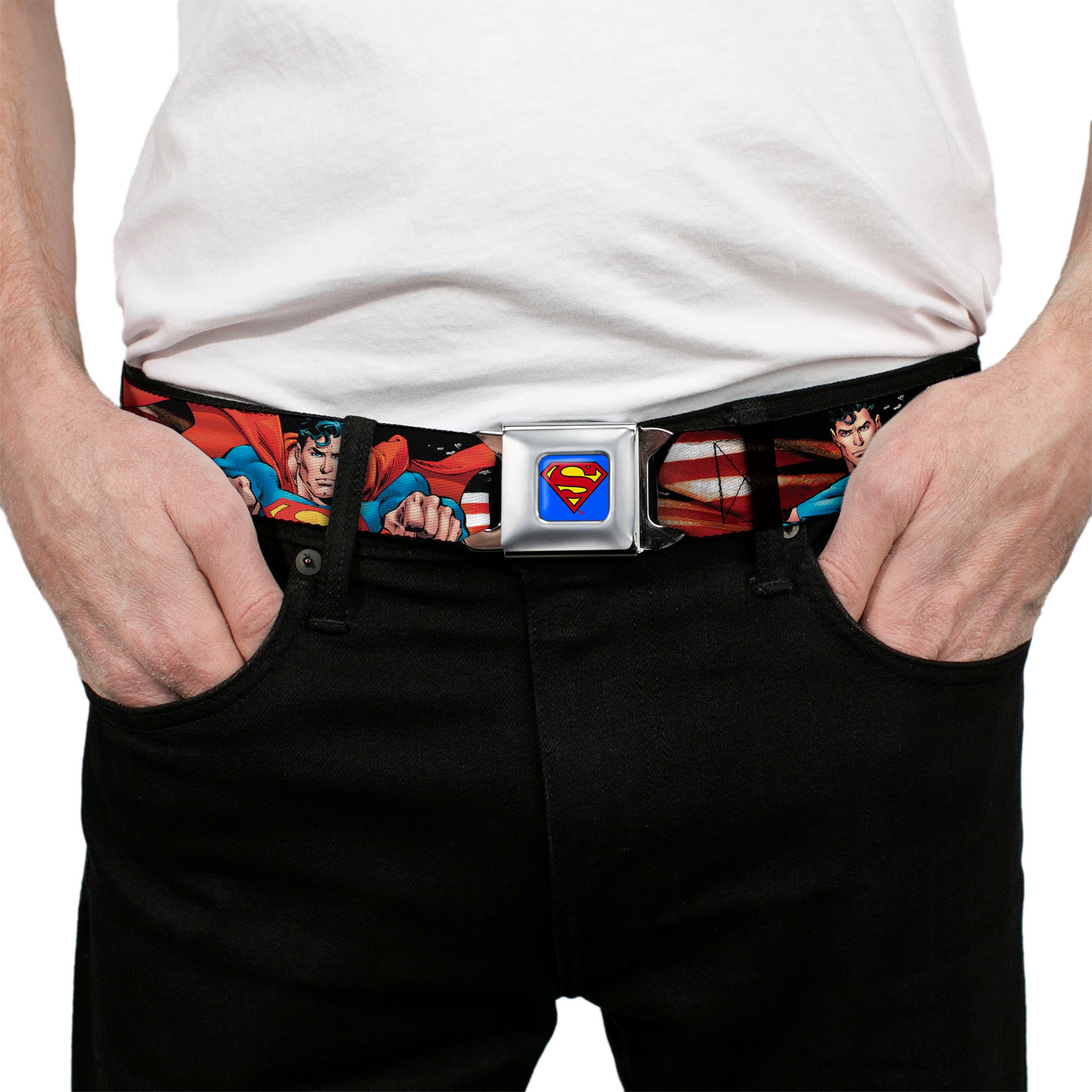 Superman Full Color Blue Seatbelt Belt - Superman Poses/American Flag Webbing Seatbelt Belts DC Comics