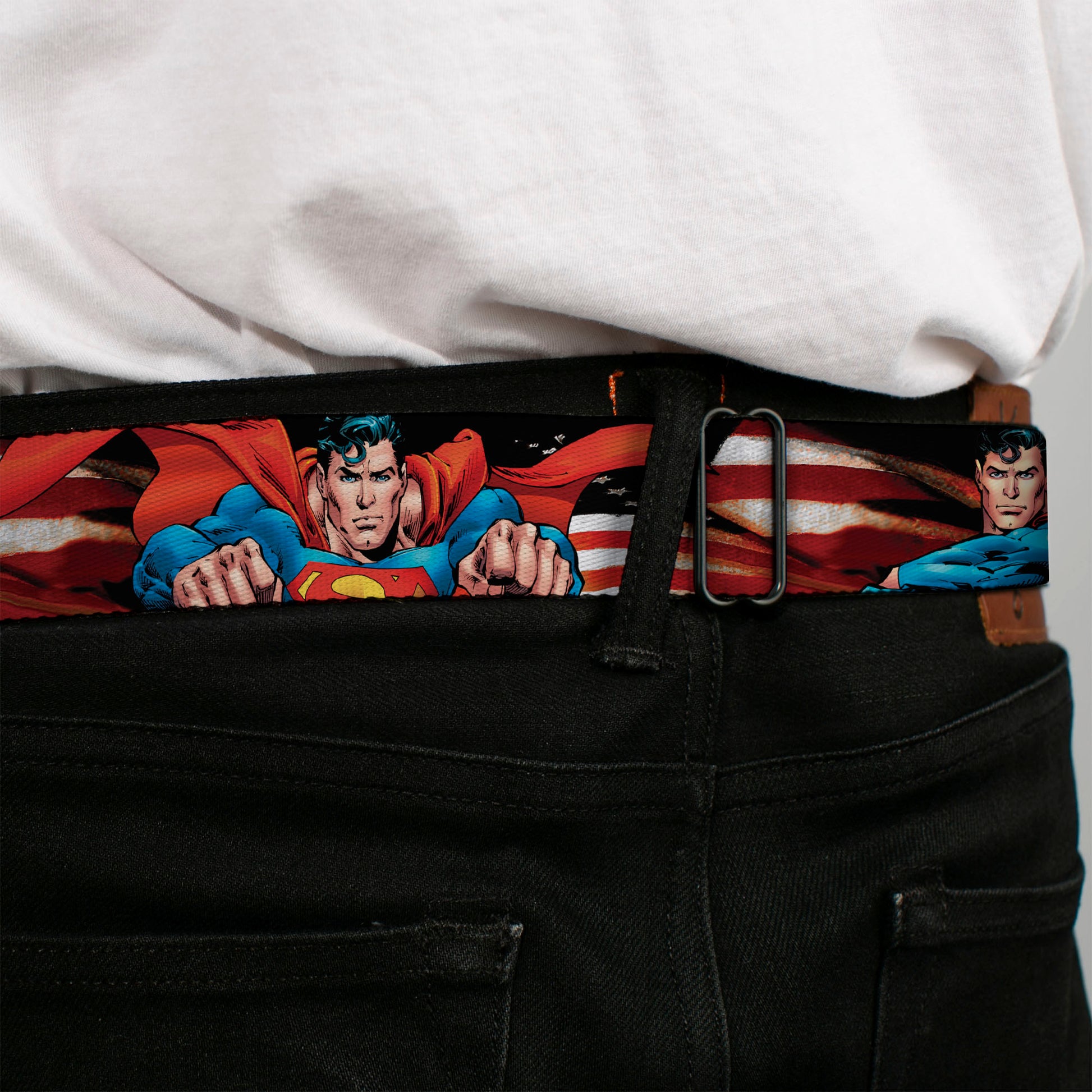 Superman Full Color Blue Seatbelt Belt - Superman Poses/American Flag Webbing Seatbelt Belts DC Comics