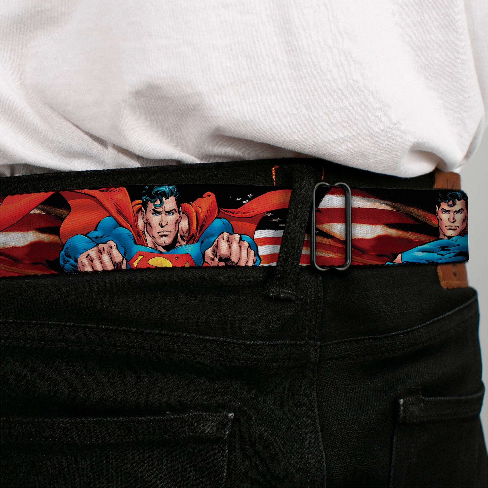 Superman Full Color Blue Seatbelt Belt - Superman Poses/American Flag Webbing Seatbelt Belts DC Comics