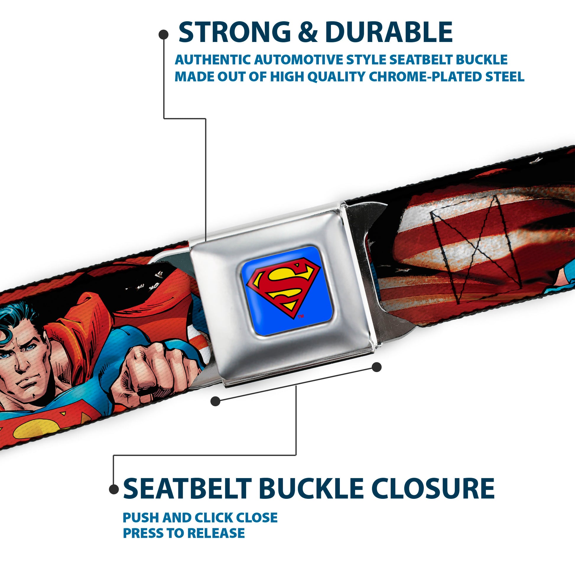 Superman Full Color Blue Seatbelt Belt - Superman Poses/American Flag Webbing Seatbelt Belts DC Comics