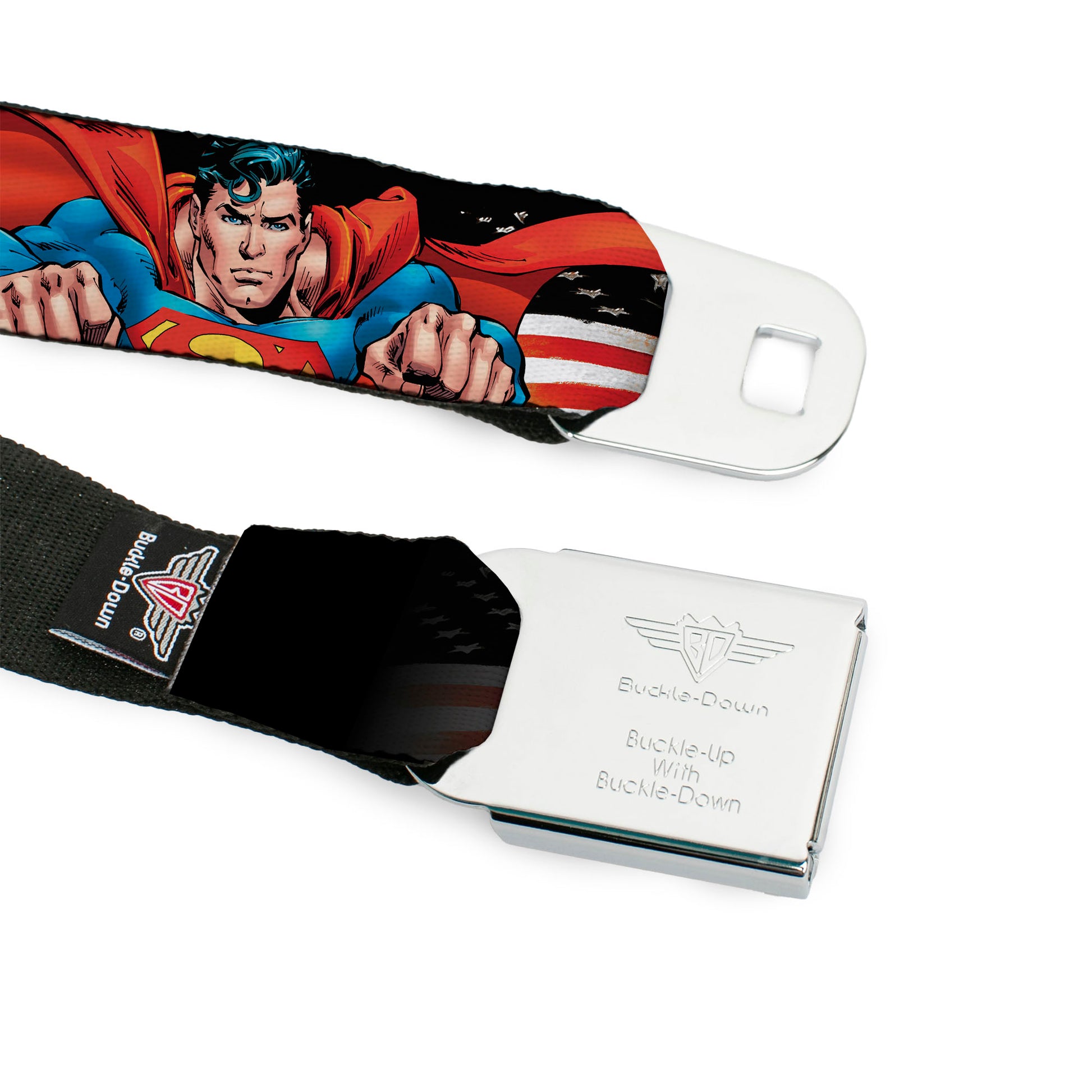 Superman Full Color Blue Seatbelt Belt - Superman Poses/American Flag Webbing Seatbelt Belts DC Comics