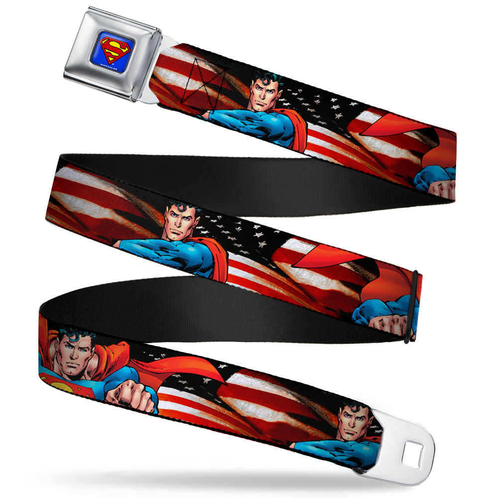 Superman Full Color Blue Seatbelt Belt - Superman Poses/American Flag Webbing Seatbelt Belts DC Comics