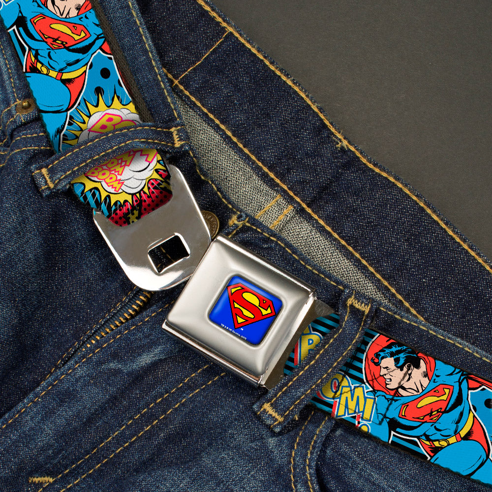 Superman Full Color Blue Seatbelt Belt - Superman Logo/Poses/Action Bubbles Pop Collage Blue/Black Webbing Seatbelt Belts DC Comics