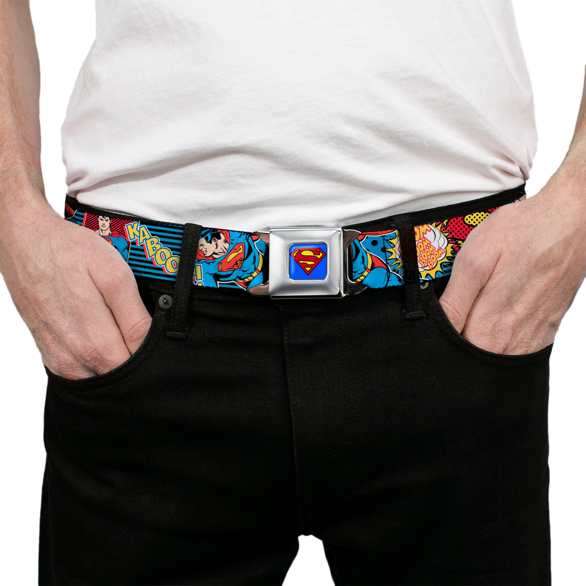 Superman Full Color Blue Seatbelt Belt - Superman Logo/Poses/Action Bubbles Pop Collage Blue/Black Webbing Seatbelt Belts DC Comics