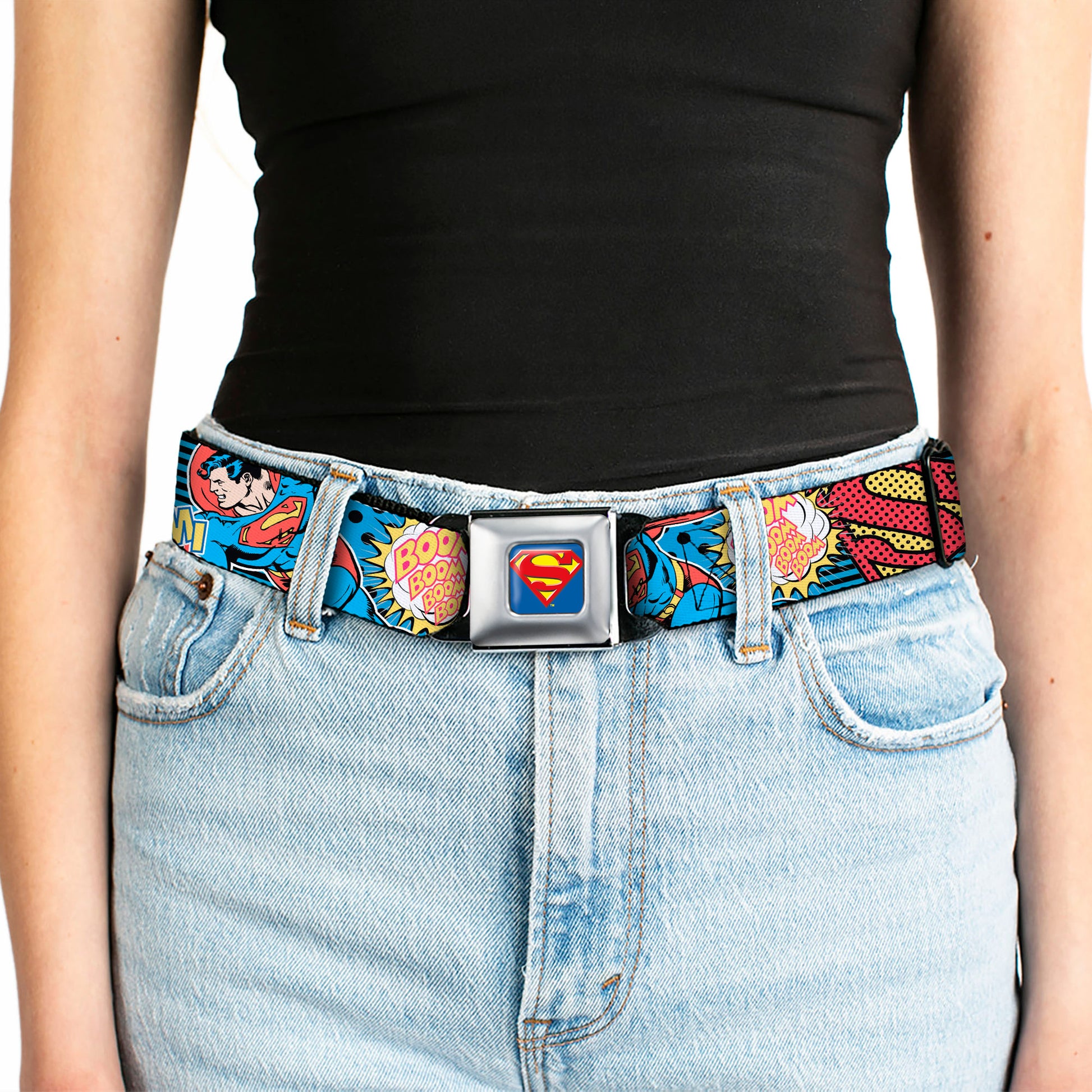 Superman Full Color Blue Seatbelt Belt - Superman Logo/Poses/Action Bubbles Pop Collage Blue/Black Webbing Seatbelt Belts DC Comics
