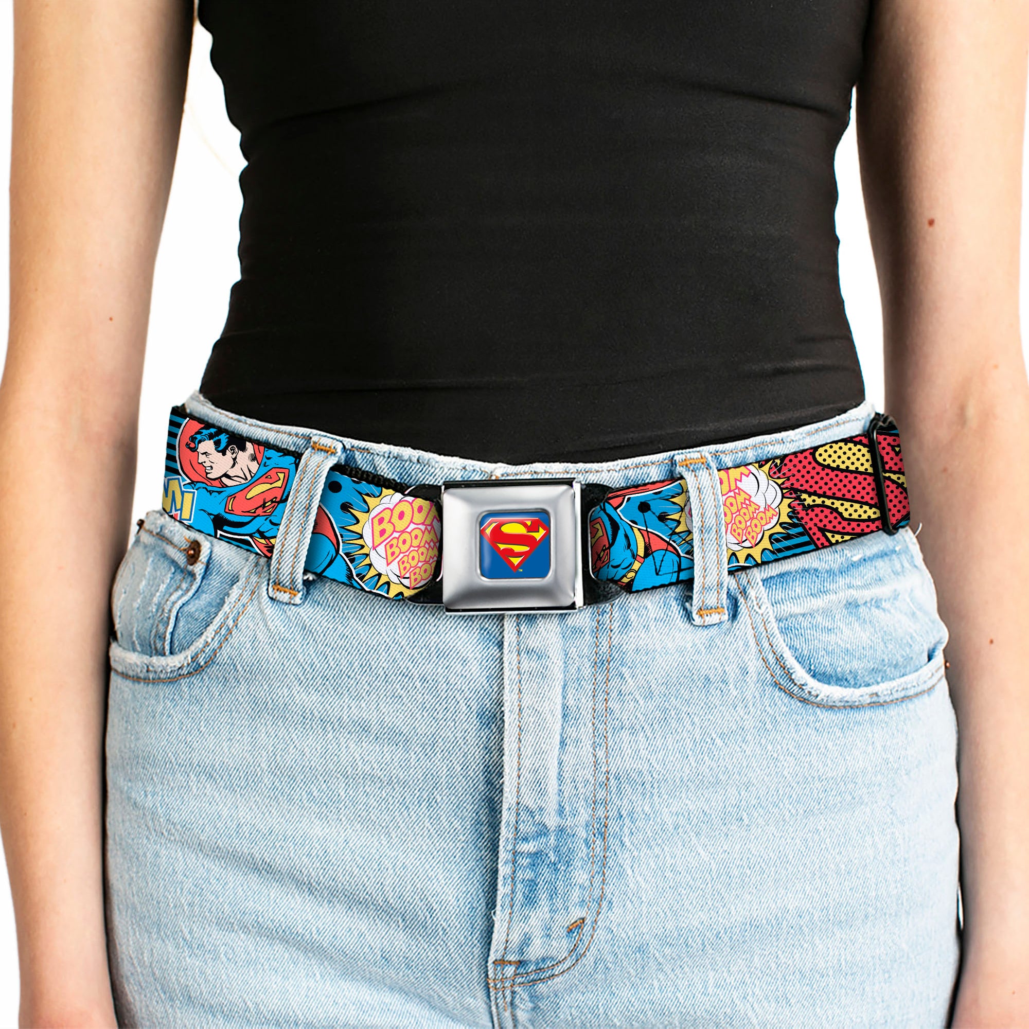 Superman Full Color Blue Seatbelt Belt - Superman Logo/Poses/Action Bubbles Pop Collage Blue/Black Webbing Seatbelt Belts DC Comics