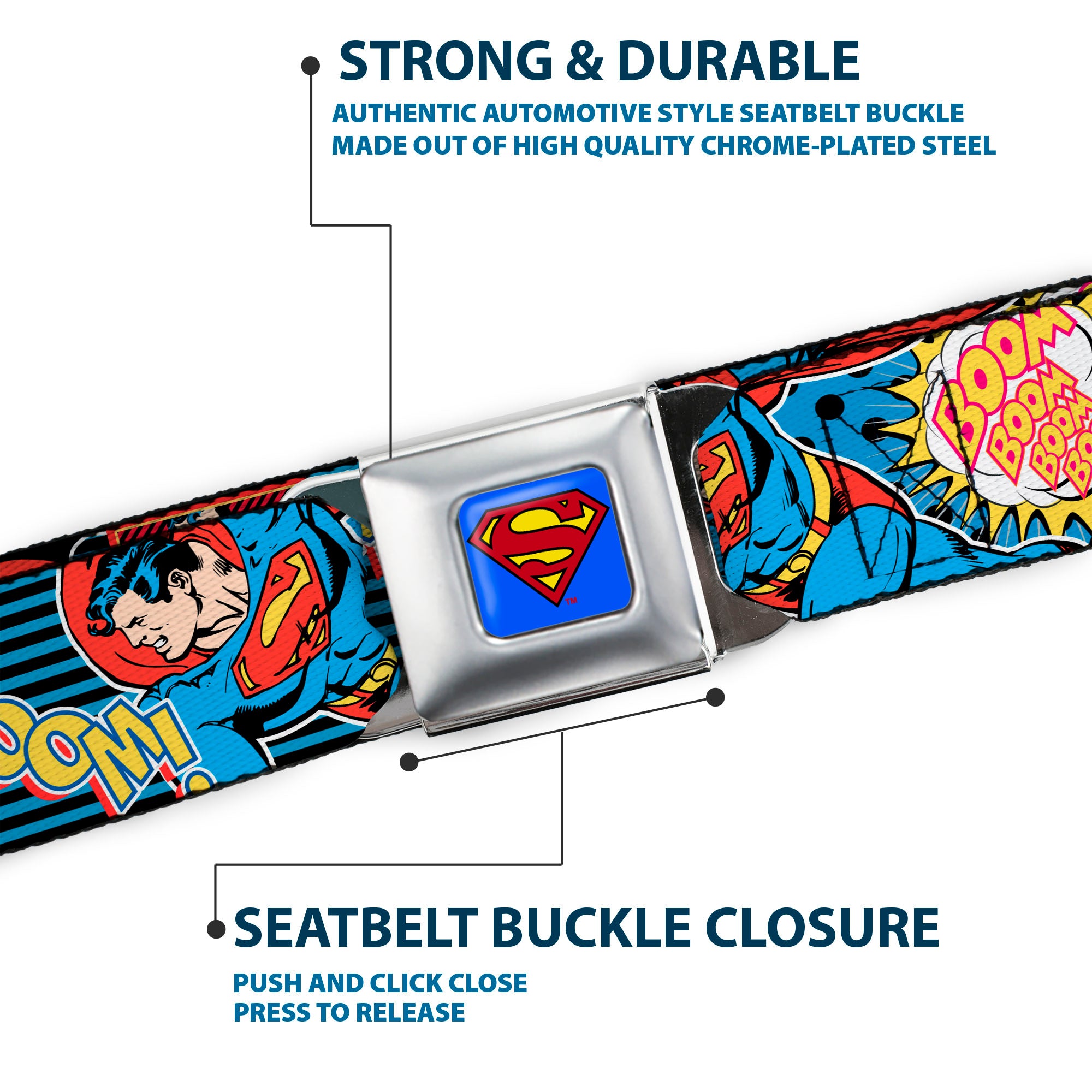 Superman Full Color Blue Seatbelt Belt - Superman Logo/Poses/Action Bubbles Pop Collage Blue/Black Webbing Seatbelt Belts DC Comics