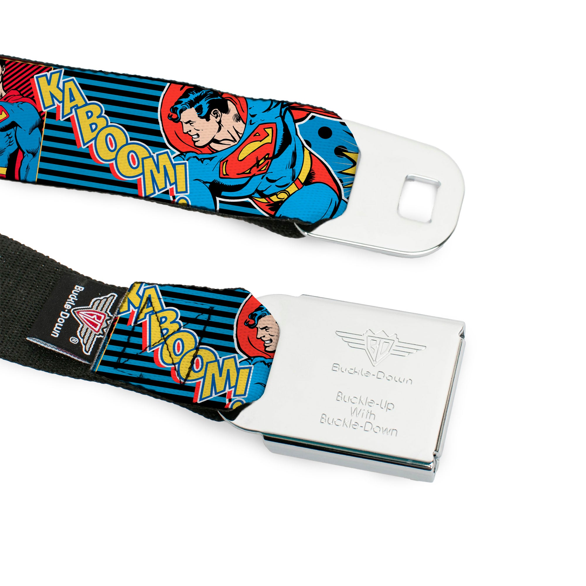 Superman Full Color Blue Seatbelt Belt - Superman Logo/Poses/Action Bubbles Pop Collage Blue/Black Webbing Seatbelt Belts DC Comics