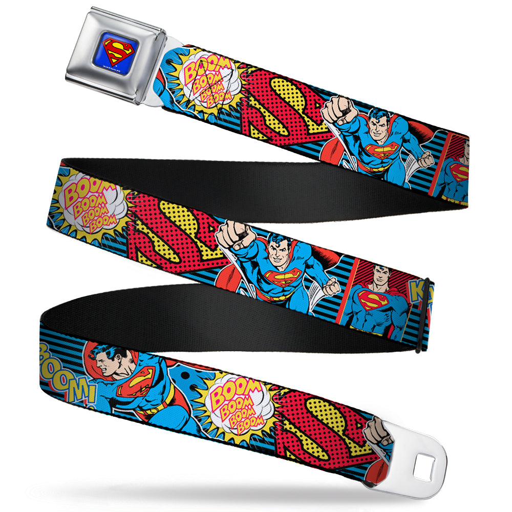 Superman Full Color Blue Seatbelt Belt - Superman Logo/Poses/Action Bubbles Pop Collage Blue/Black Webbing Seatbelt Belts DC Comics