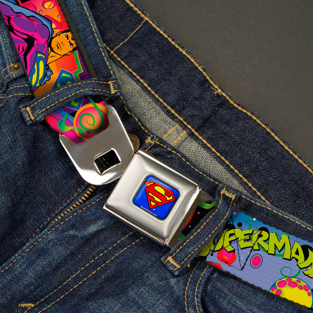 Superman Full Color Blue Seatbelt Belt - SUPERMAN Poses/Battling Mongul Black/Multi Neon Webbing Seatbelt Belts DC Comics