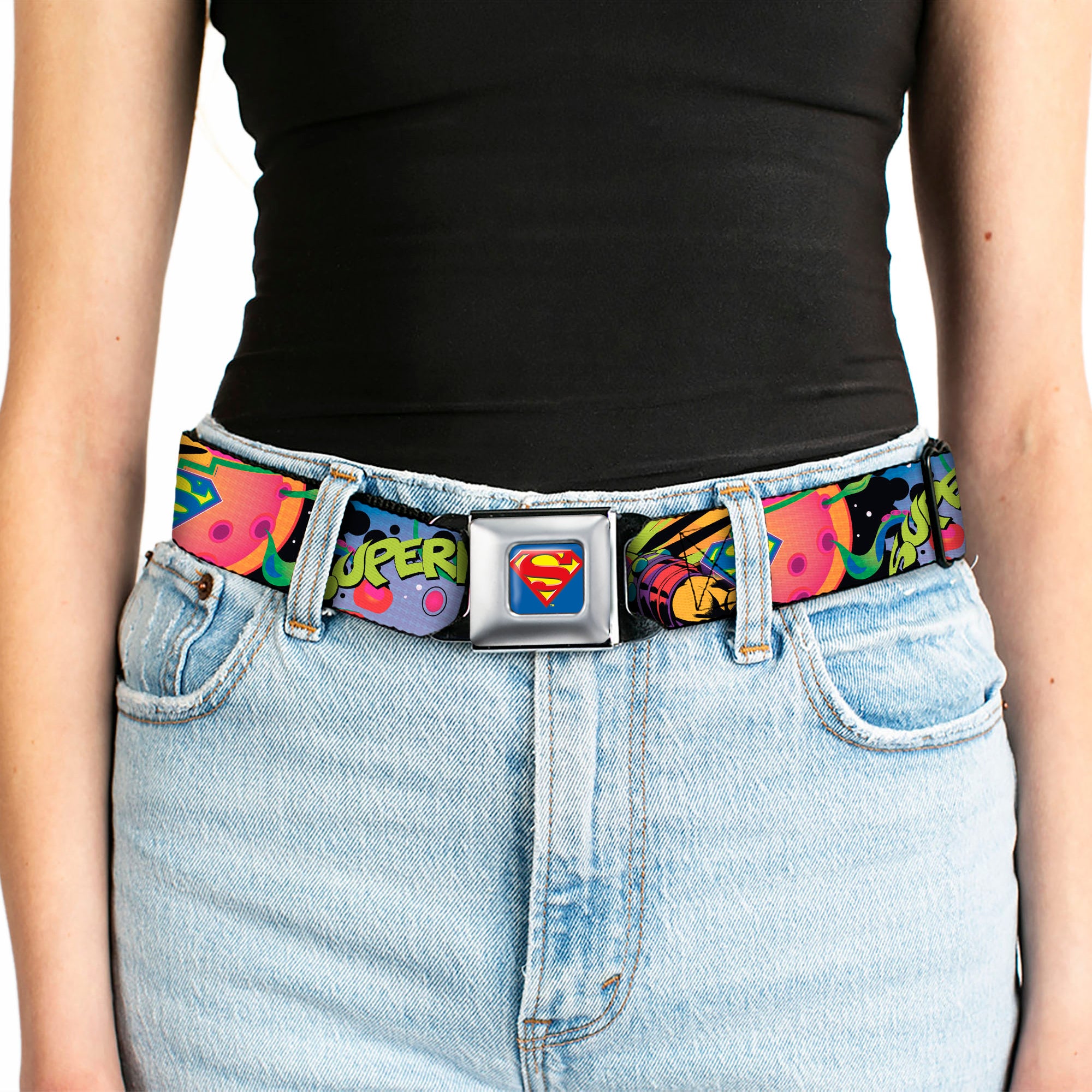 Superman Full Color Blue Seatbelt Belt - SUPERMAN Poses/Battling Mongul Black/Multi Neon Webbing Seatbelt Belts DC Comics