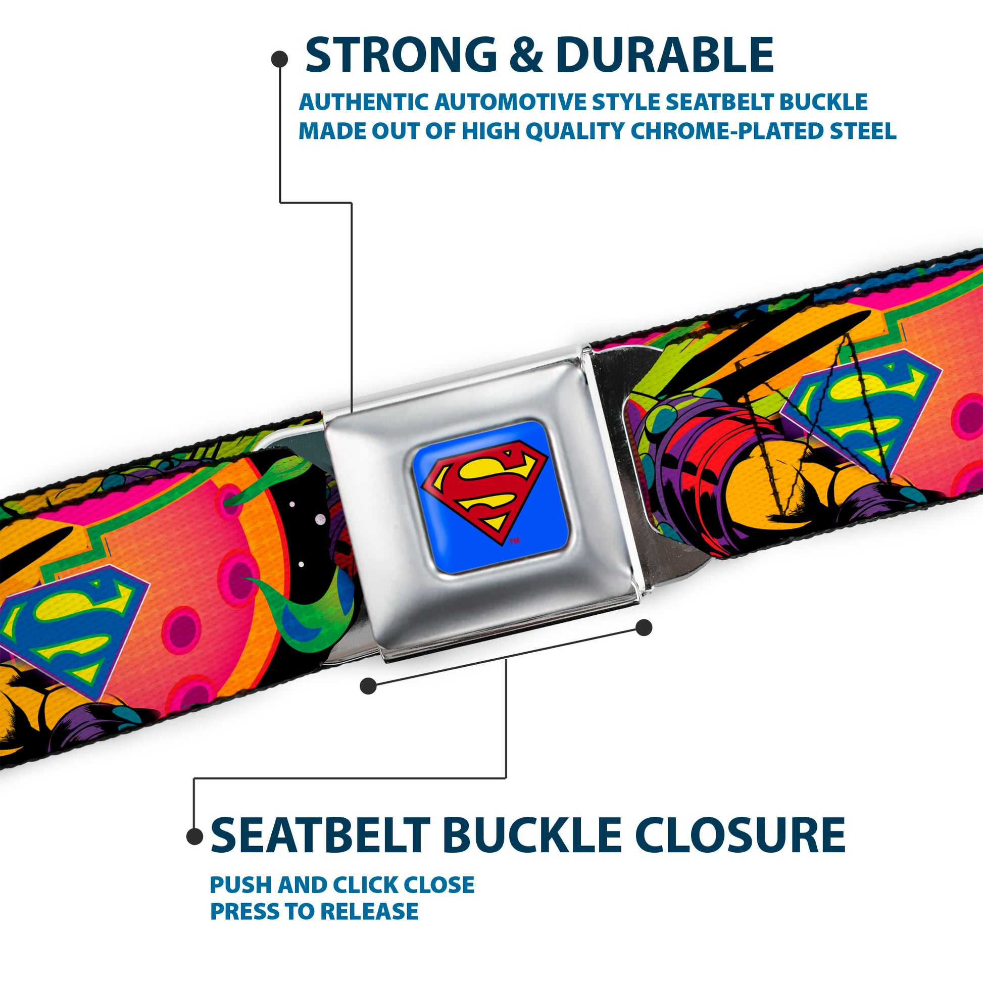 Superman Full Color Blue Seatbelt Belt - SUPERMAN Poses/Battling Mongul Black/Multi Neon Webbing Seatbelt Belts DC Comics