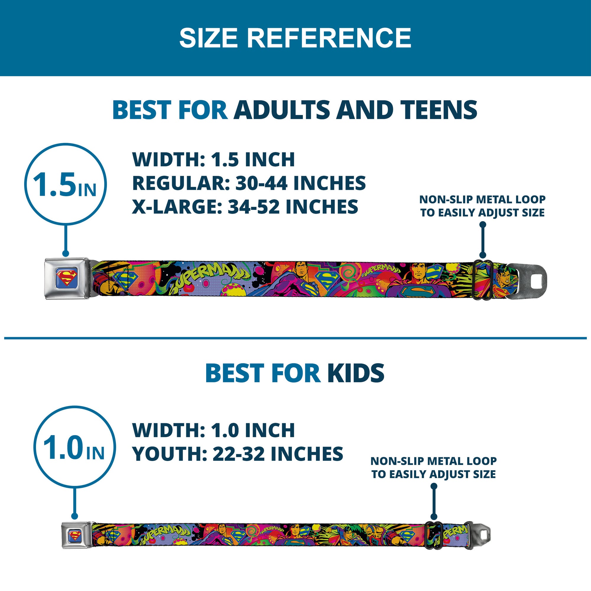 Superman Full Color Blue Seatbelt Belt - SUPERMAN Poses/Battling Mongul Black/Multi Neon Webbing Seatbelt Belts DC Comics