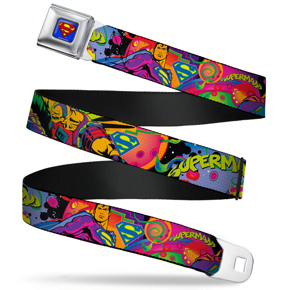 Superman Full Color Blue Seatbelt Belt - SUPERMAN Poses/Battling Mongul Black/Multi Neon Webbing Seatbelt Belts DC Comics