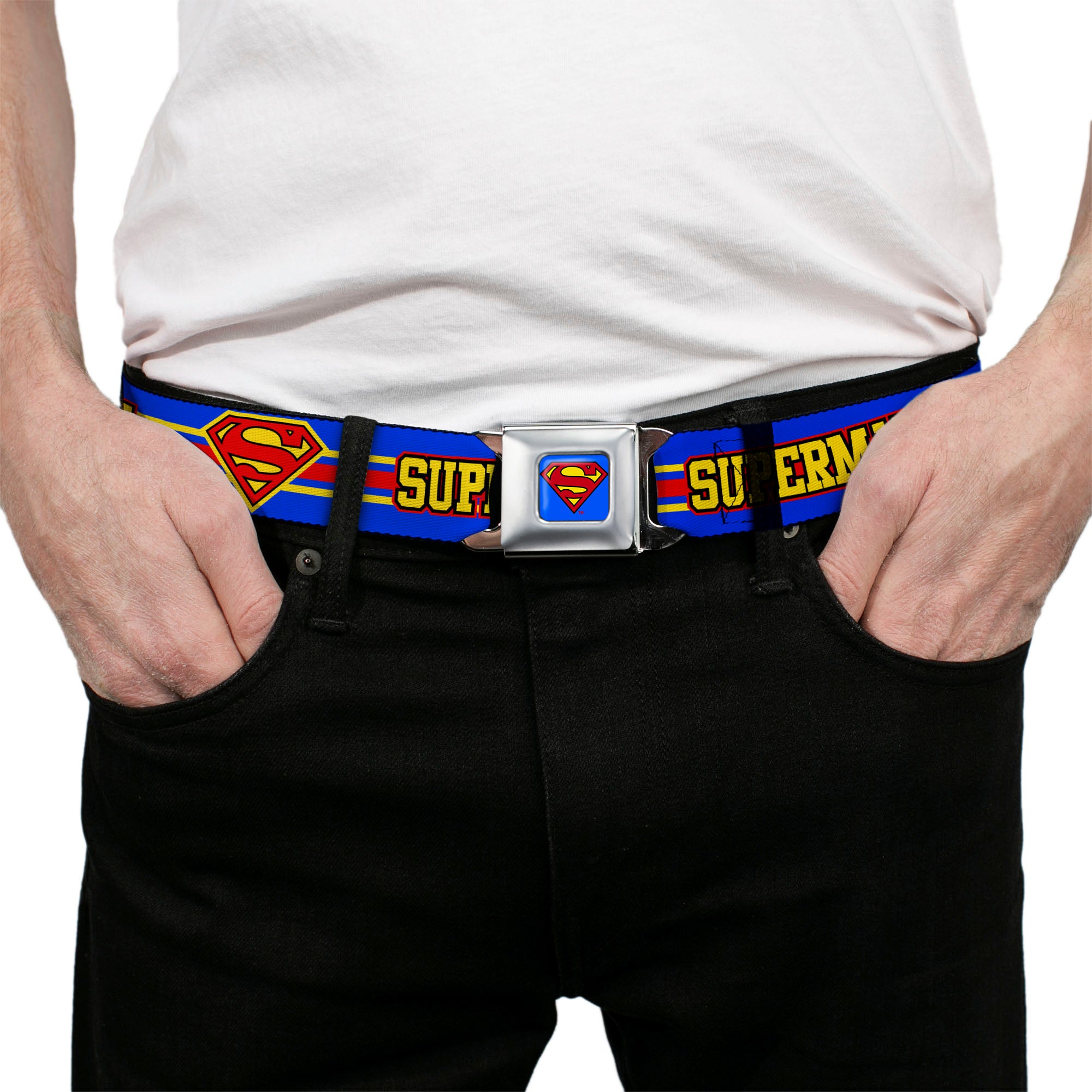 Superman Full Color Blue Seatbelt Belt - SUPERMAN/Shield Stripe Blue/Yellow/Red Webbing Seatbelt Belts DC Comics