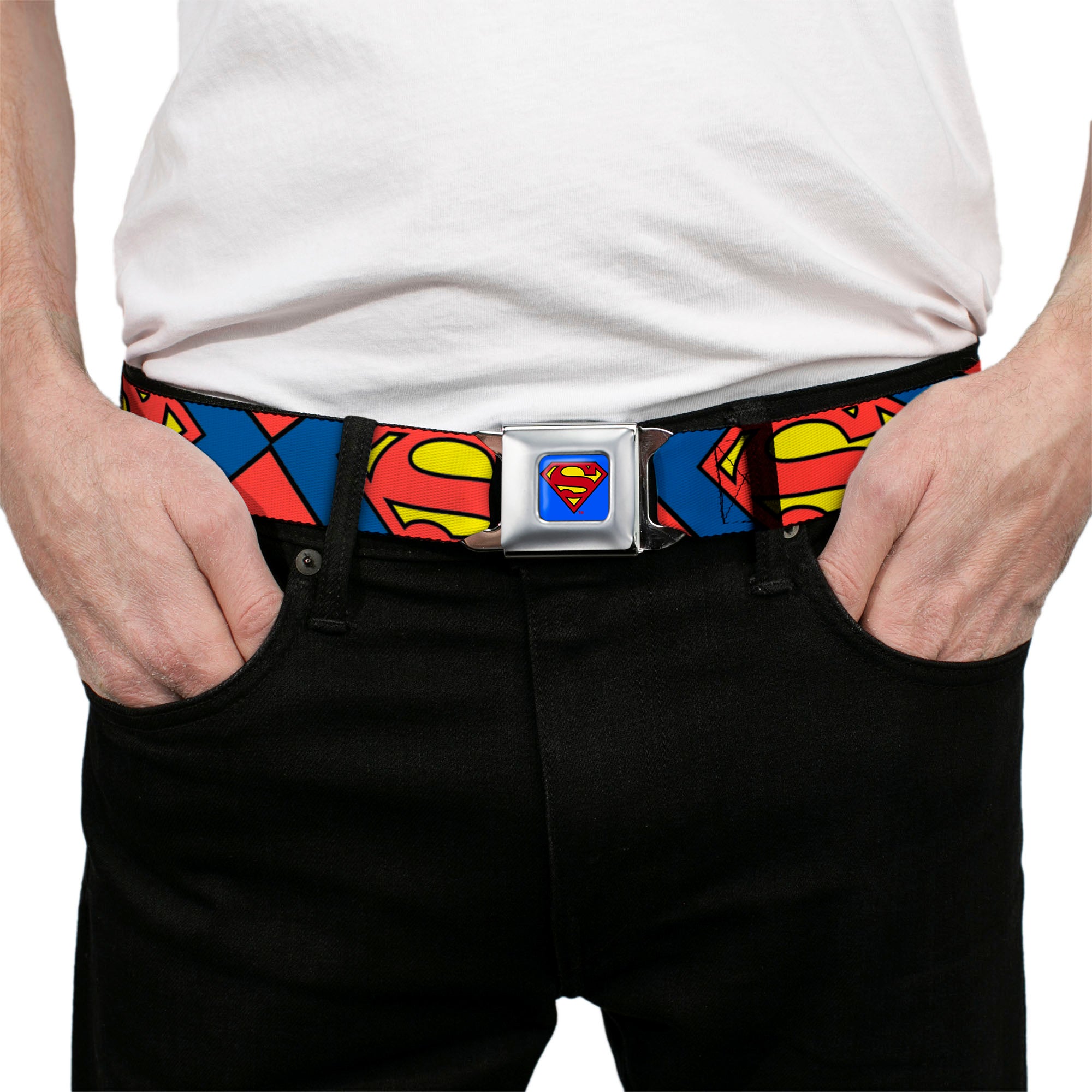 Superman Full Color Blue Seatbelt Belt - Superman Shield CLOSE-UP Blue/Red/Yellow Webbing Seatbelt Belts DC Comics