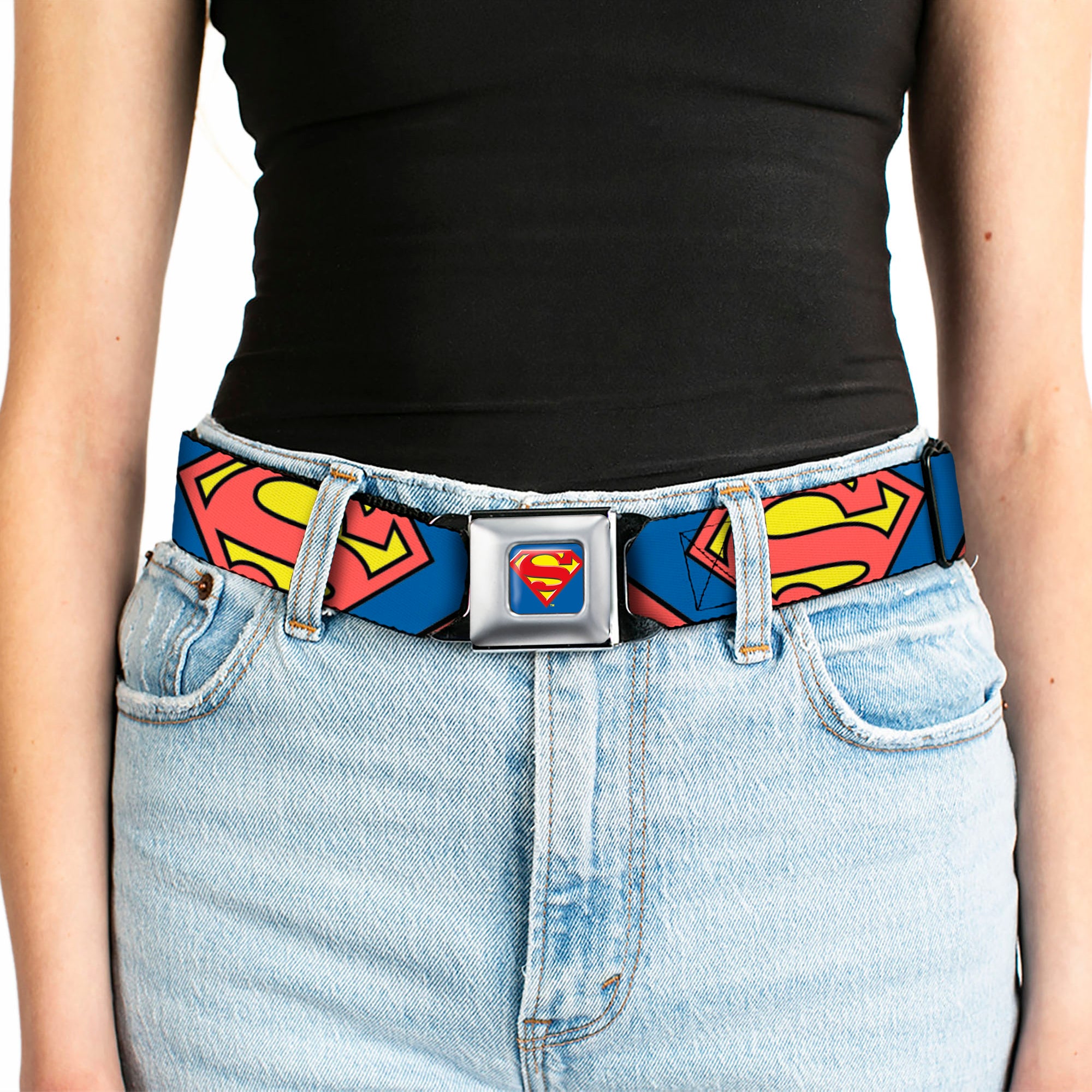 Superman Full Color Blue Seatbelt Belt - Superman Shield CLOSE-UP Blue/Red/Yellow Webbing Seatbelt Belts DC Comics