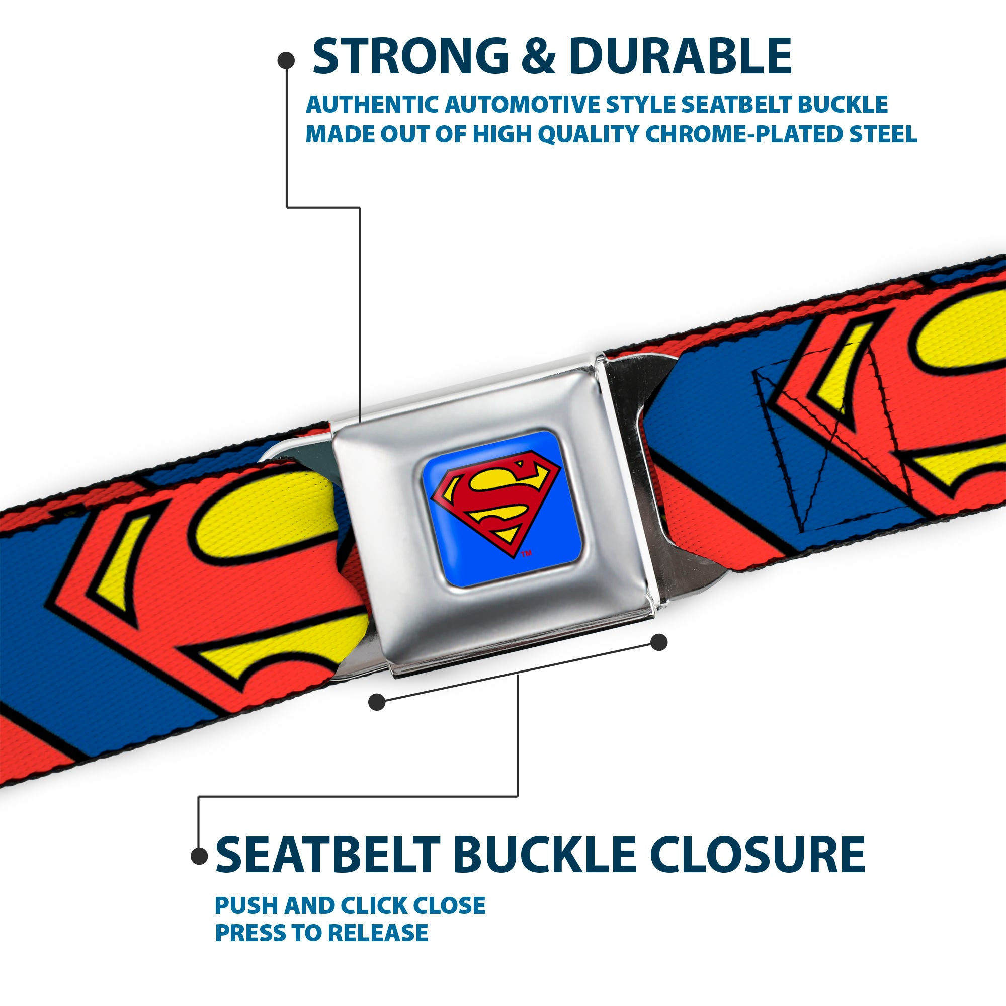 Superman Full Color Blue Seatbelt Belt - Superman Shield CLOSE-UP Blue/Red/Yellow Webbing Seatbelt Belts DC Comics