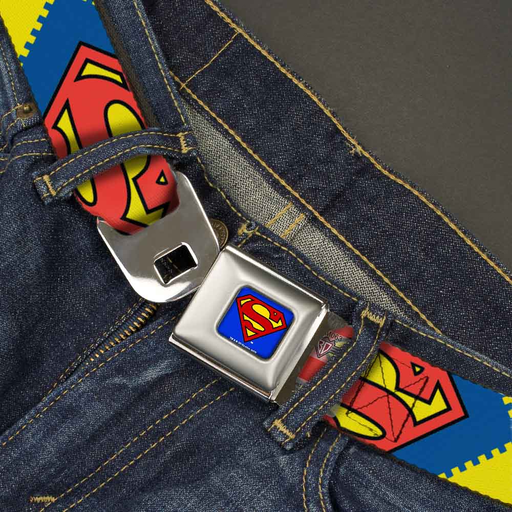 Superman Full Color Blue Seatbelt Belt - Jagged Superman Shield CLOSE-UP Yellow/Blue/Red Webbing Seatbelt Belts DC Comics
