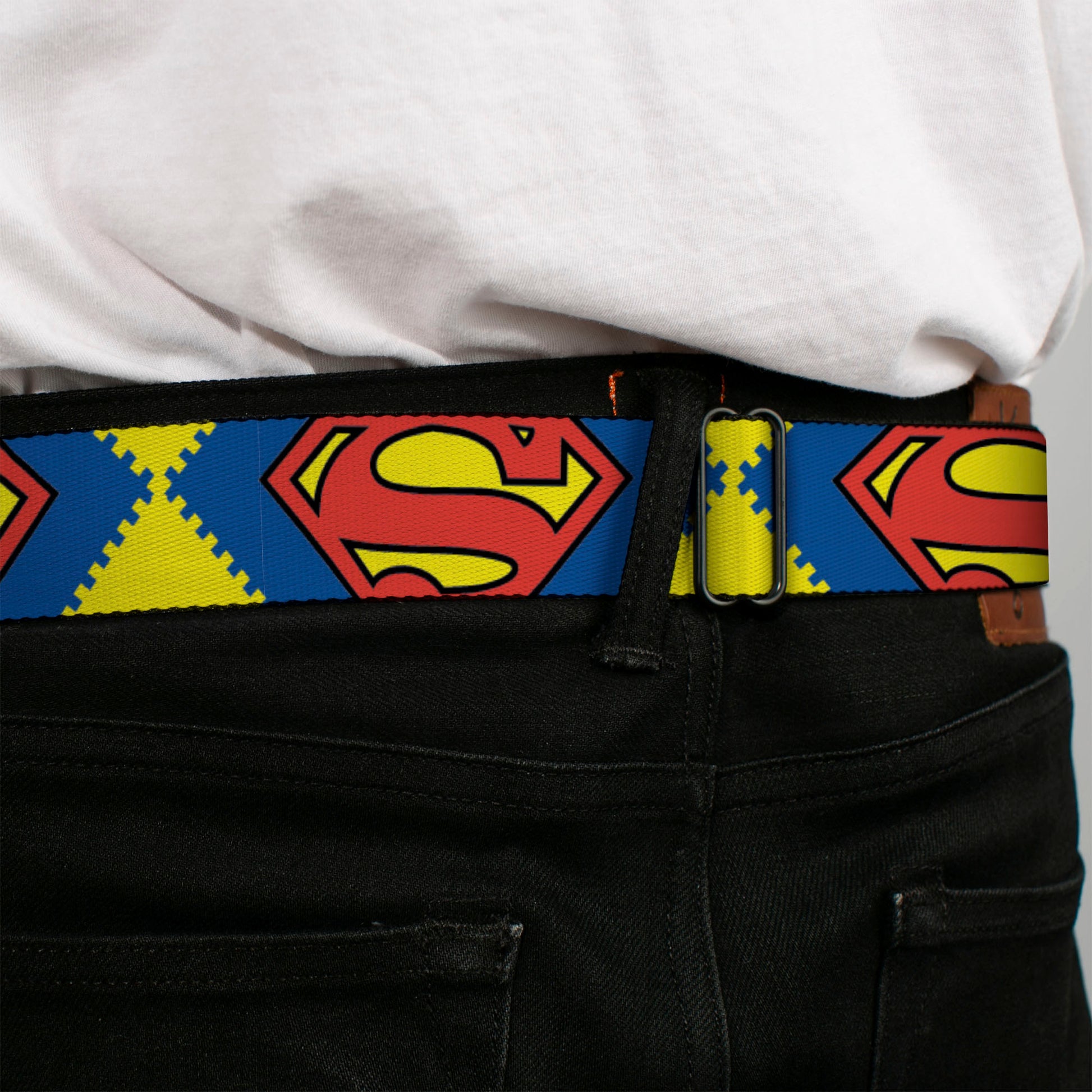 Superman Full Color Blue Seatbelt Belt - Jagged Superman Shield CLOSE-UP Yellow/Blue/Red Webbing Seatbelt Belts DC Comics