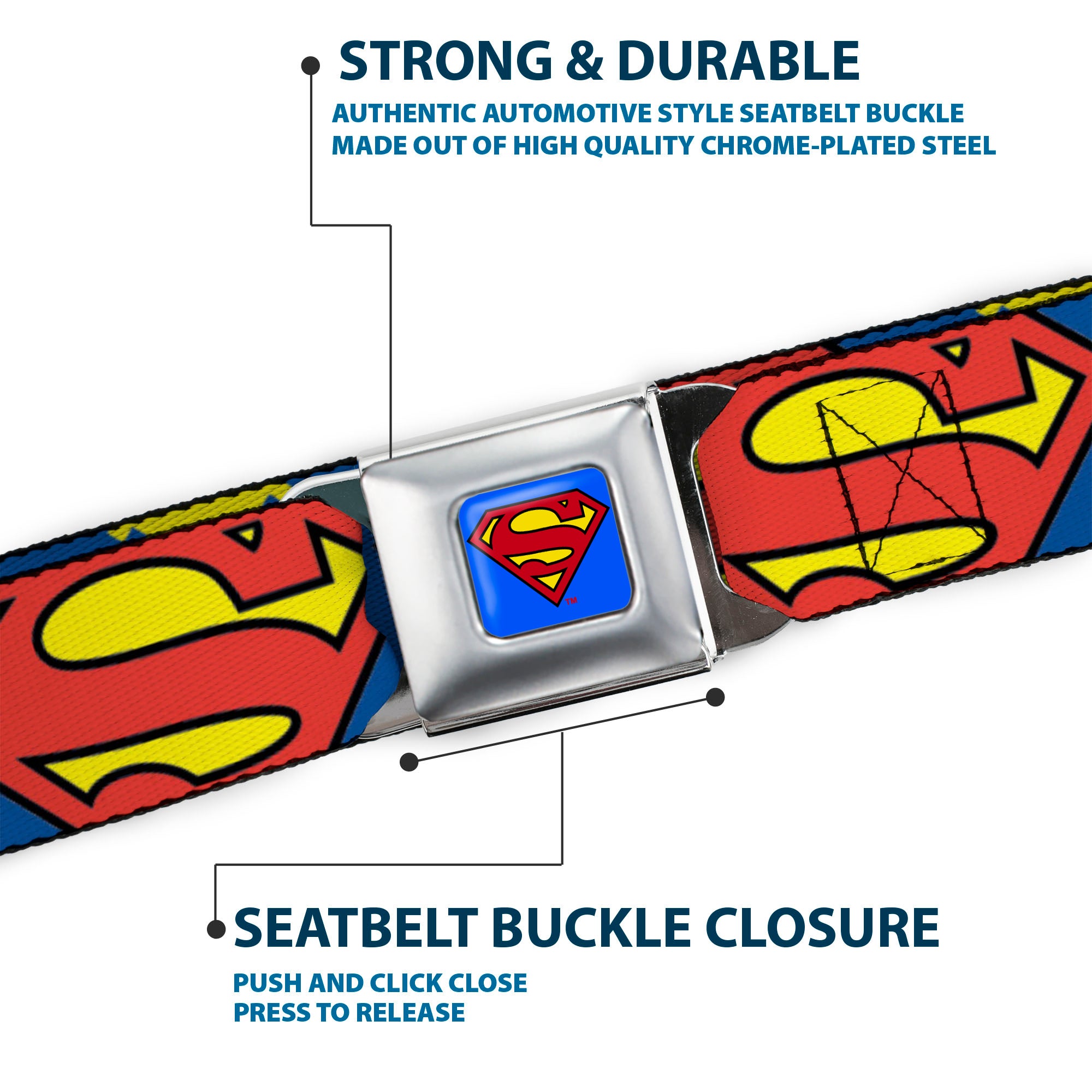 Superman Full Color Blue Seatbelt Belt - Jagged Superman Shield CLOSE-UP Yellow/Blue/Red Webbing Seatbelt Belts DC Comics