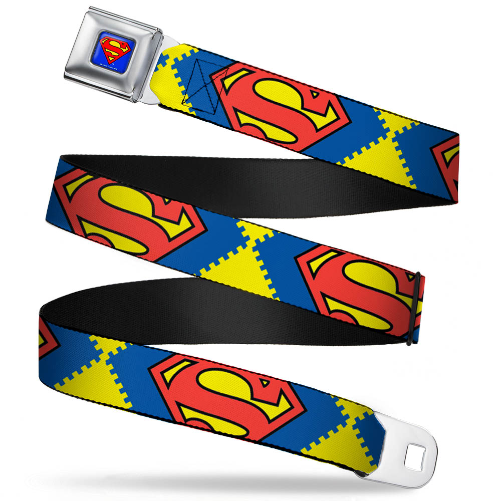 Superman Full Color Blue Seatbelt Belt - Jagged Superman Shield CLOSE-UP Yellow/Blue/Red Webbing Seatbelt Belts DC Comics