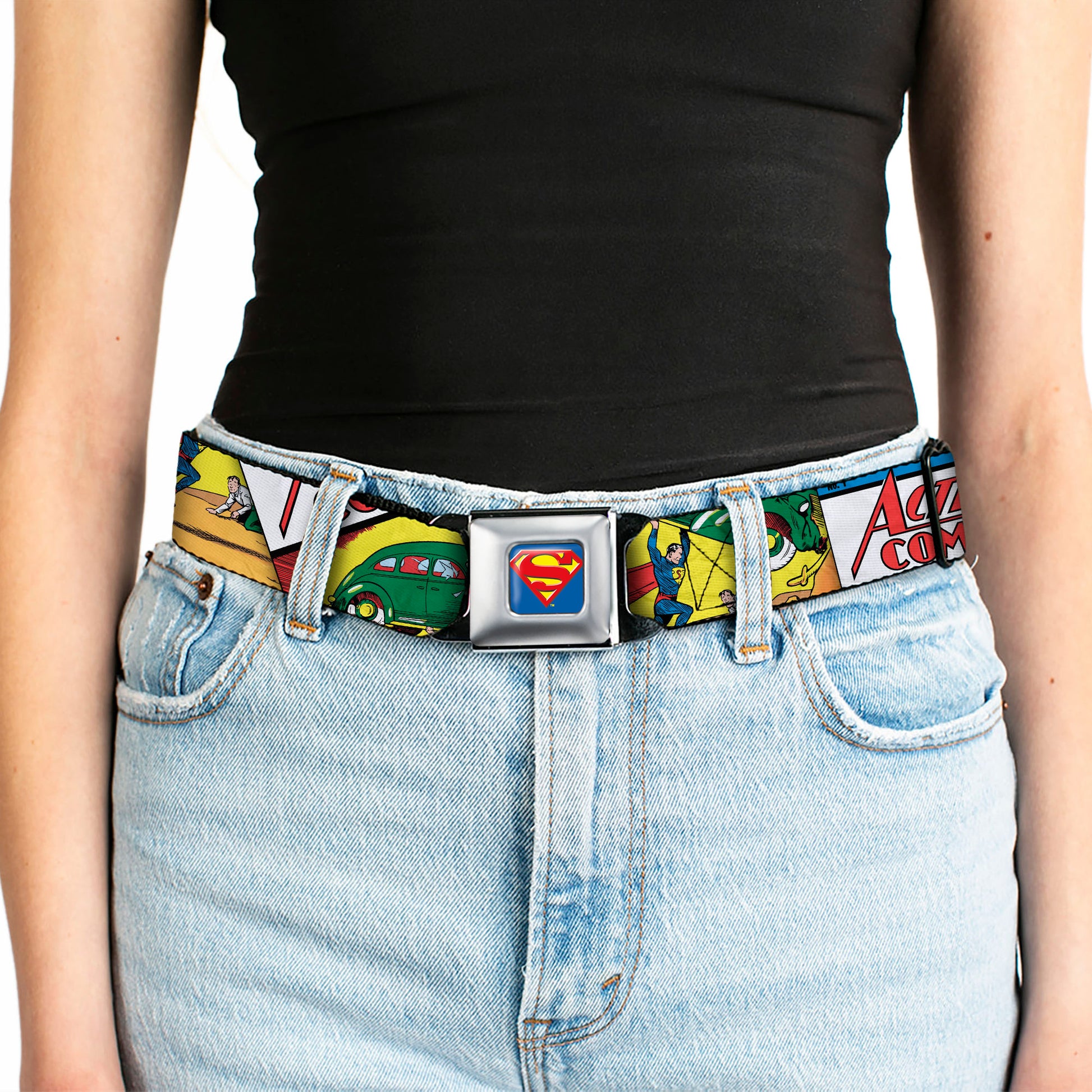 Superman Full Color Blue Seatbelt Belt - Classic ACTION COMICS Issue #1 Cover Superman Lifting Car Stacked Webbing Seatbelt Belts DC Comics