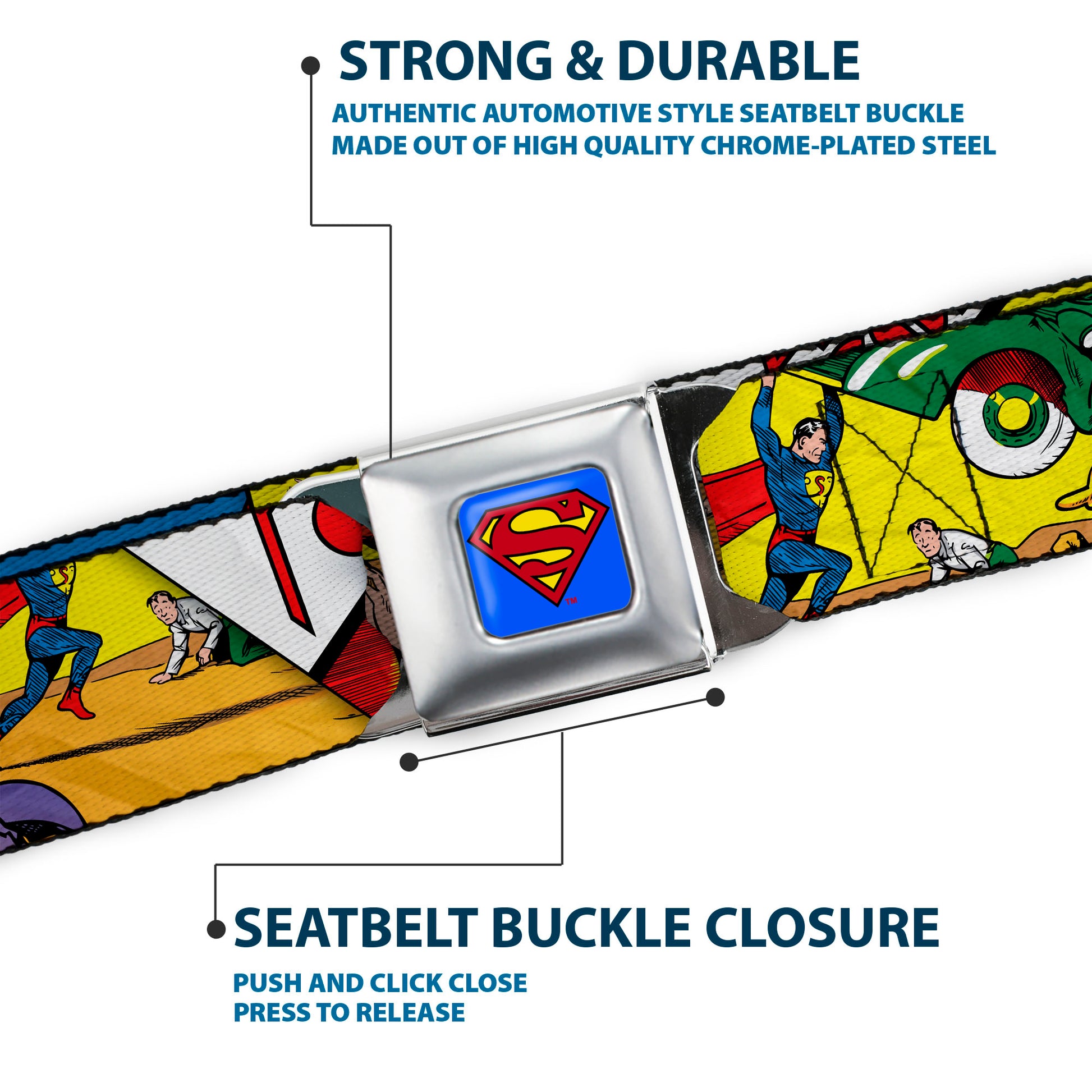 Superman Full Color Blue Seatbelt Belt - Classic ACTION COMICS Issue #1 Cover Superman Lifting Car Stacked Webbing Seatbelt Belts DC Comics