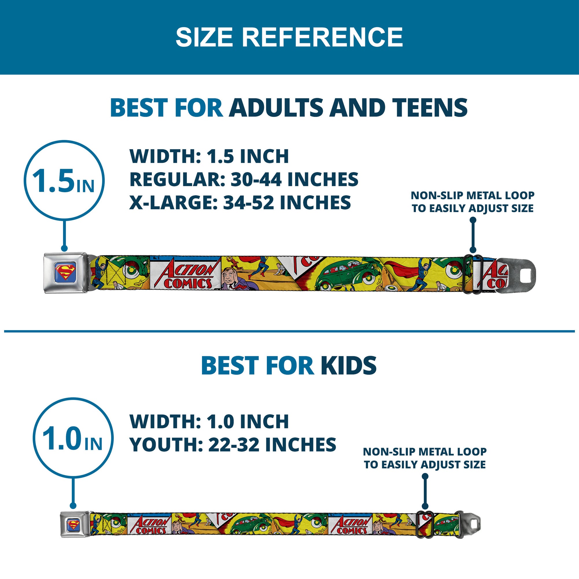 Superman Full Color Blue Seatbelt Belt - Classic ACTION COMICS Issue #1 Cover Superman Lifting Car Stacked Webbing Seatbelt Belts DC Comics