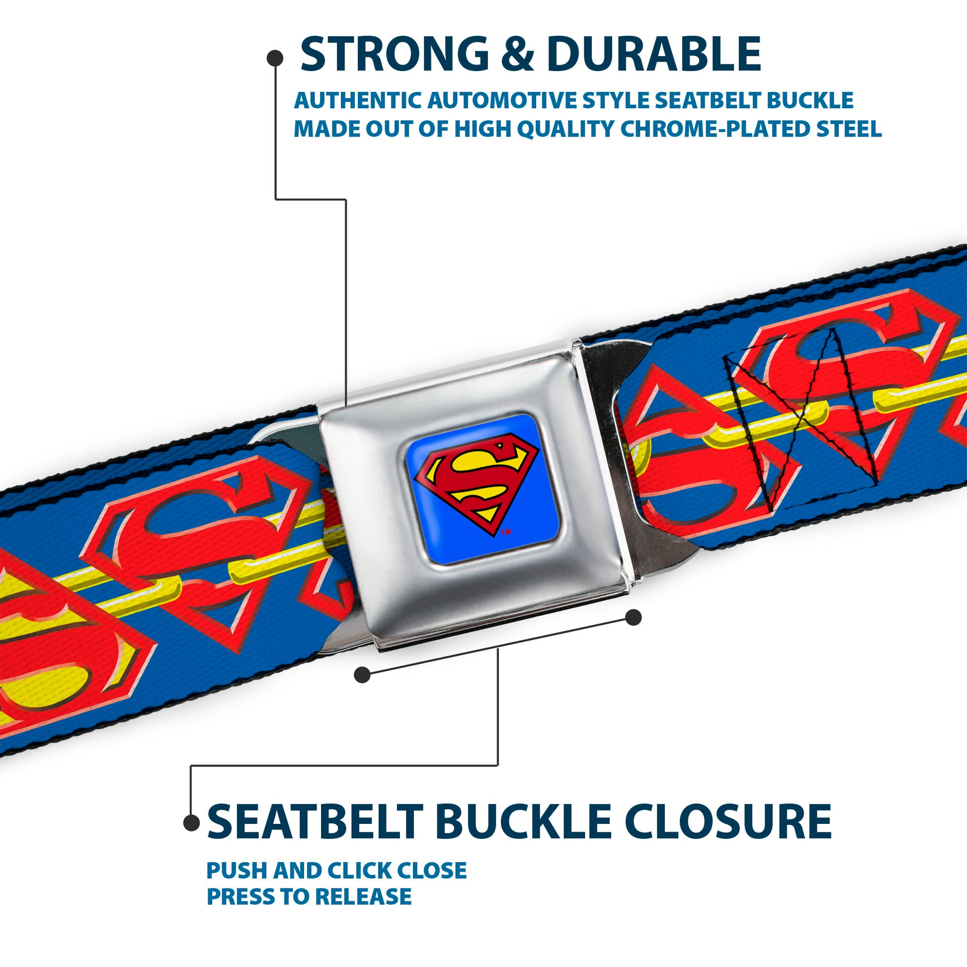 Superman Full Color Blue Seatbelt Belt - Superman Chained Shield Logo Flip Blue/Red/Yellow Webbing Seatbelt Belts DC Comics