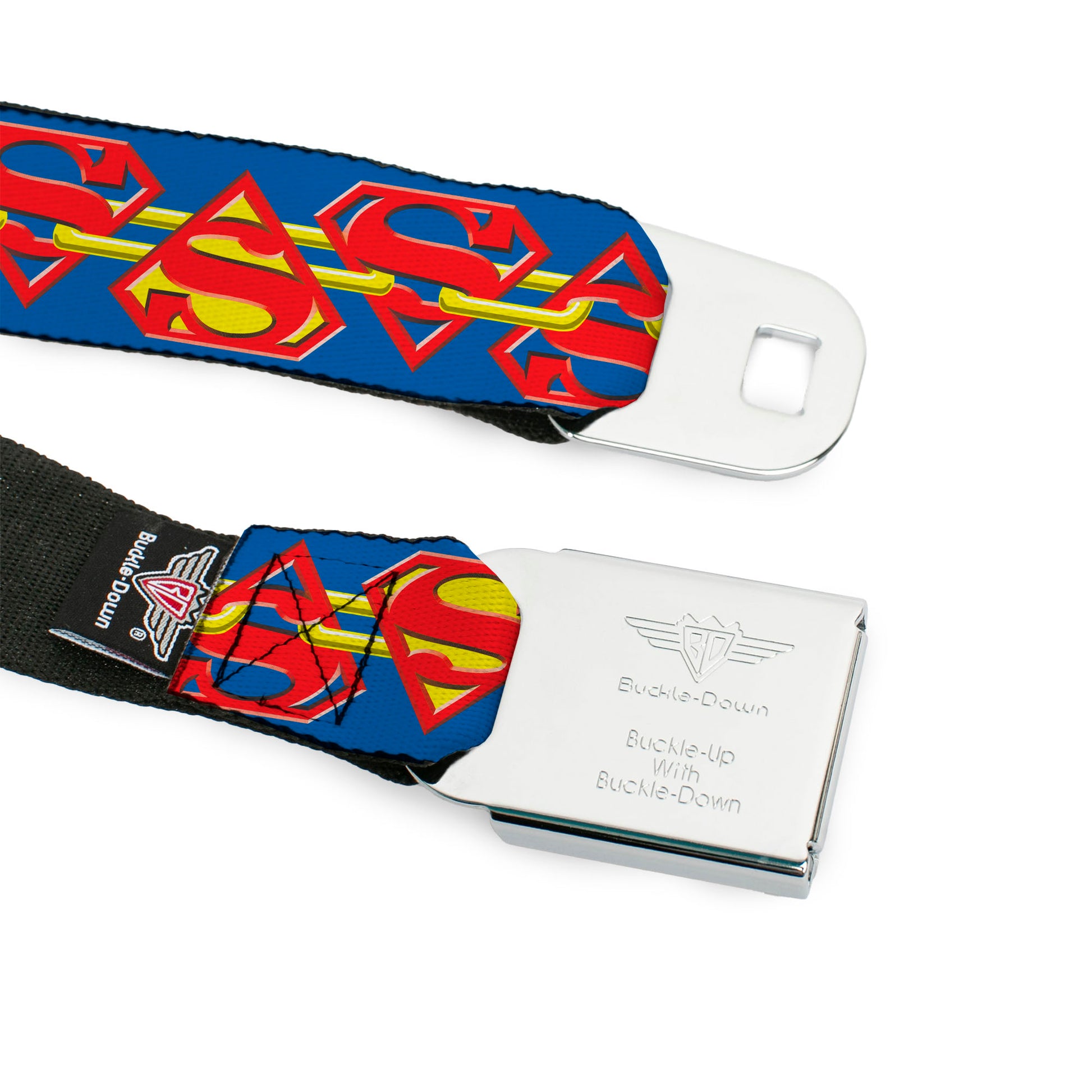 Superman Full Color Blue Seatbelt Belt - Superman Chained Shield Logo Flip Blue/Red/Yellow Webbing Seatbelt Belts DC Comics