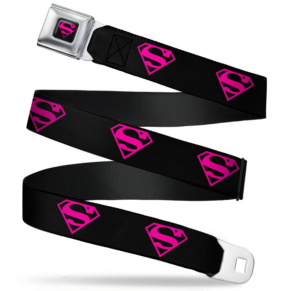 Superman Shield Full Color Black Hot Pink Seatbelt Belt - Superman Shield Black/Hot Pink Webbing Seatbelt Belts DC Comics