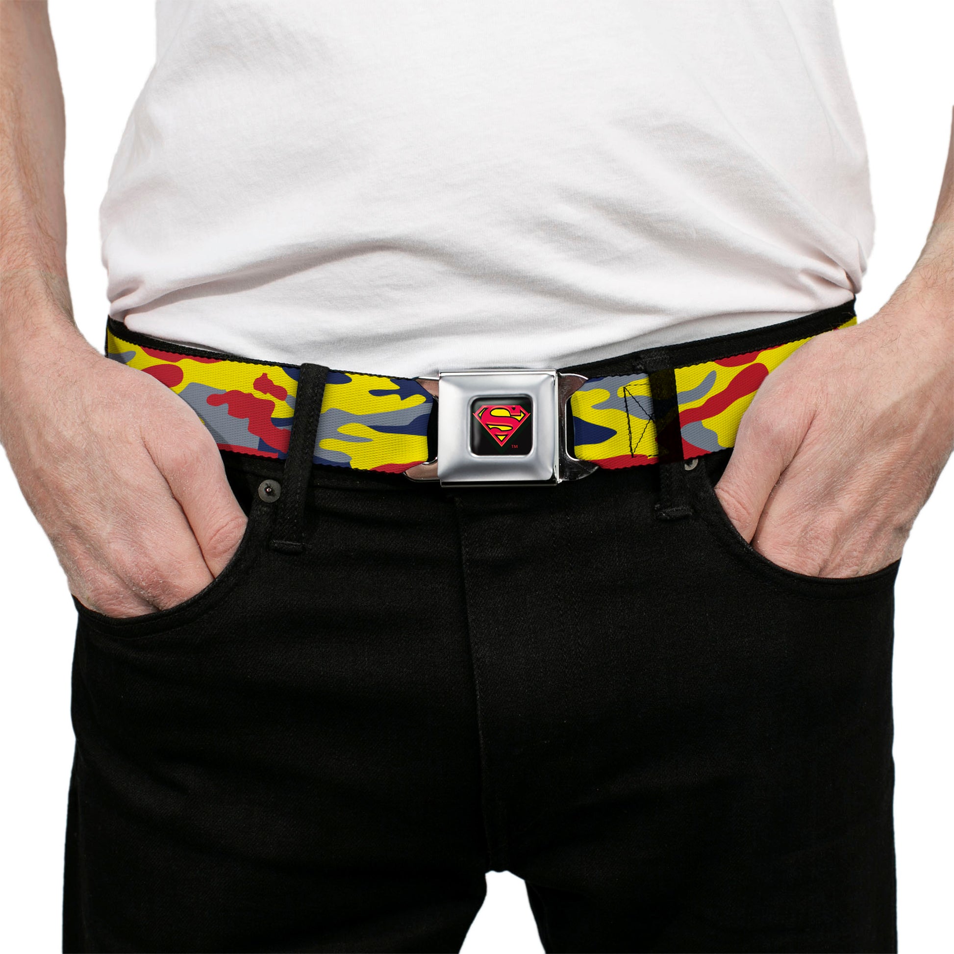 Superman Shadow Shield Full Color Black/Red/Yellow Seatbelt Belt - Superman Camo Yellow/Red/Blue/Gray Webbing Seatbelt Belts DC Comics