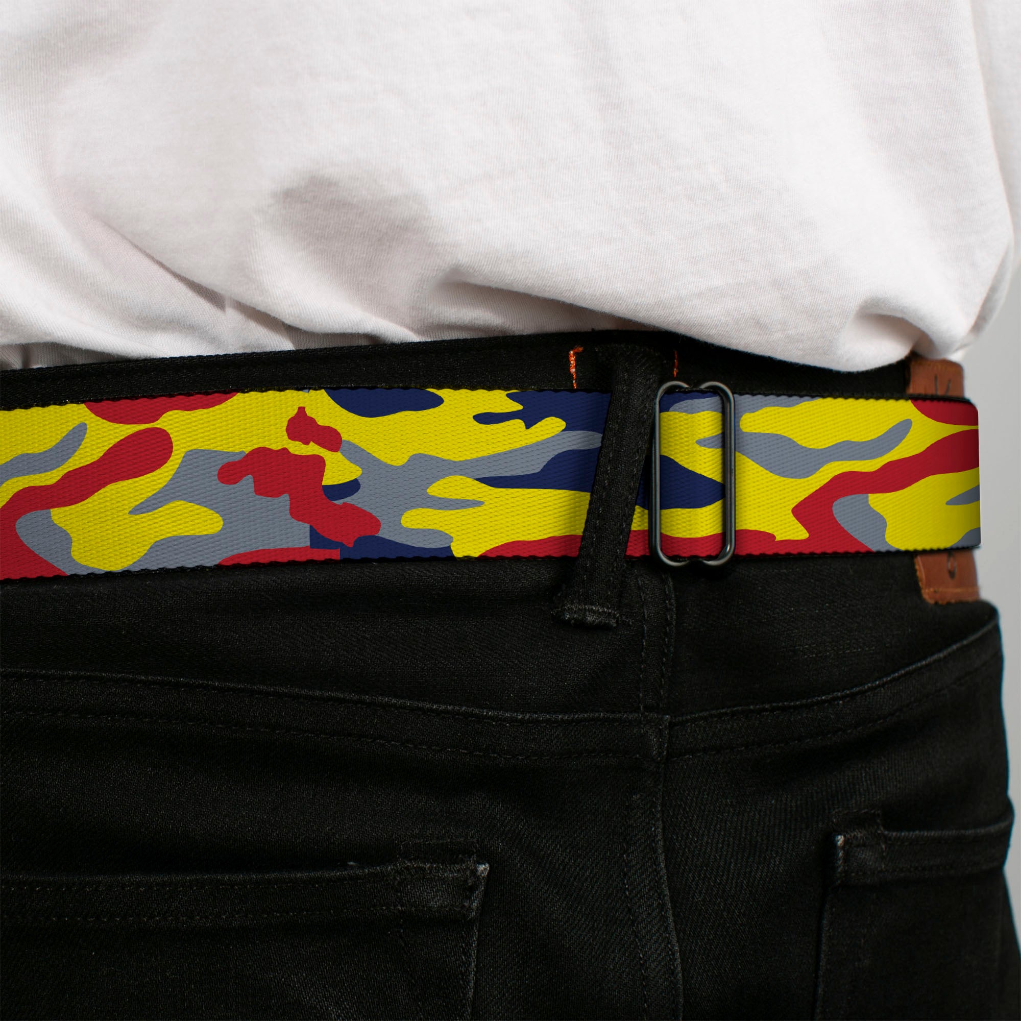 Superman Shadow Shield Full Color Black/Red/Yellow Seatbelt Belt - Superman Camo Yellow/Red/Blue/Gray Webbing Seatbelt Belts DC Comics