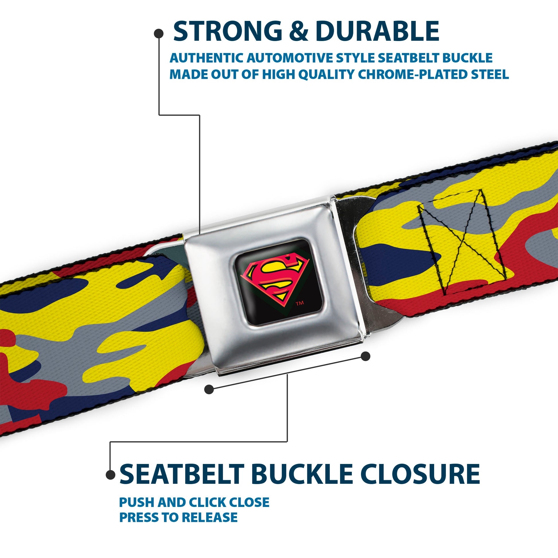 Superman Shadow Shield Full Color Black/Red/Yellow Seatbelt Belt - Superman Camo Yellow/Red/Blue/Gray Webbing Seatbelt Belts DC Comics